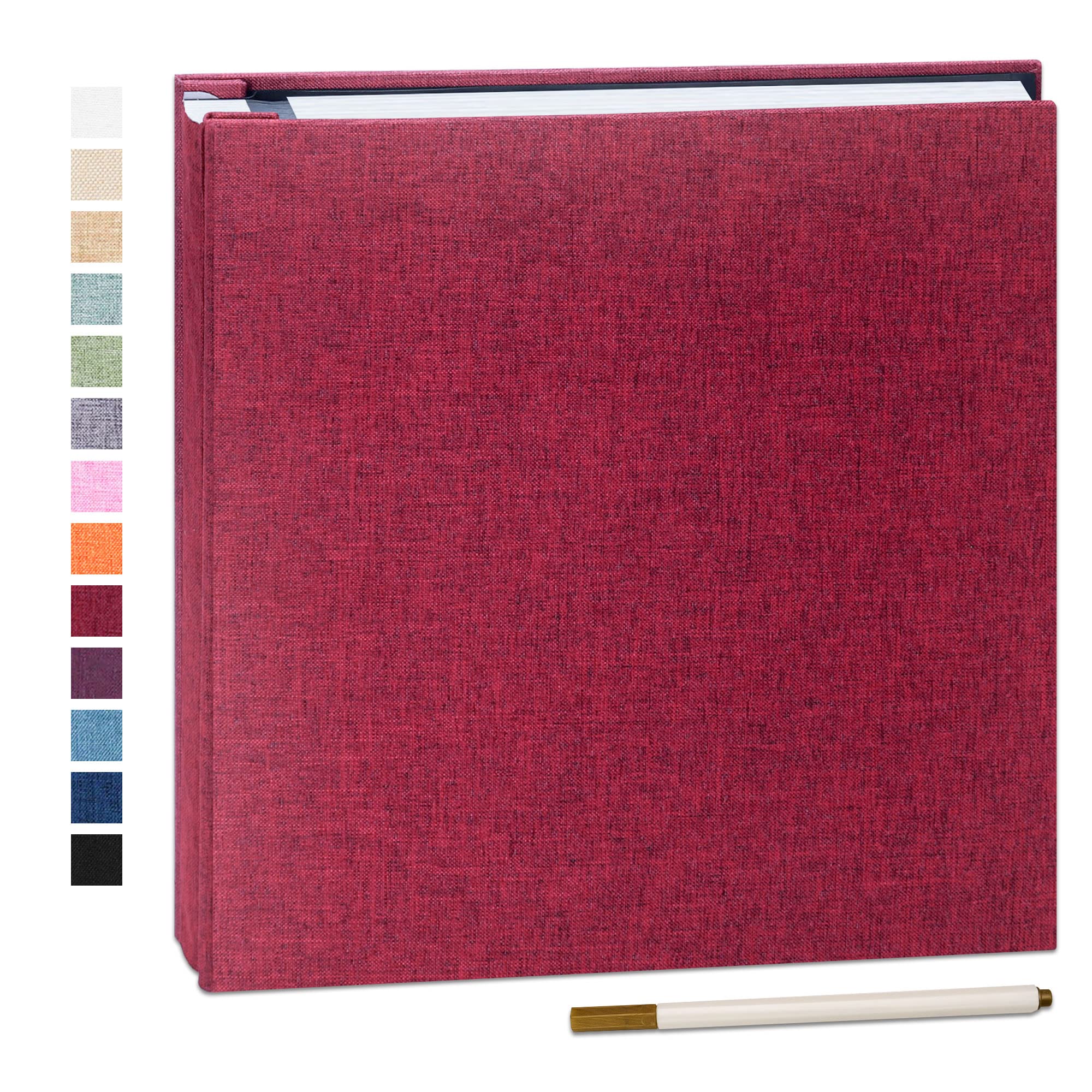 Adhesive Photo Album 28x27cm 20 sheets/40 Pages Self Adhesive Scrapbook for 10x15cm Photos Linen Cover DIY Memory Book Refillable Pages for Wedding Baby Growth Travel Gift with Metallic Pen Red