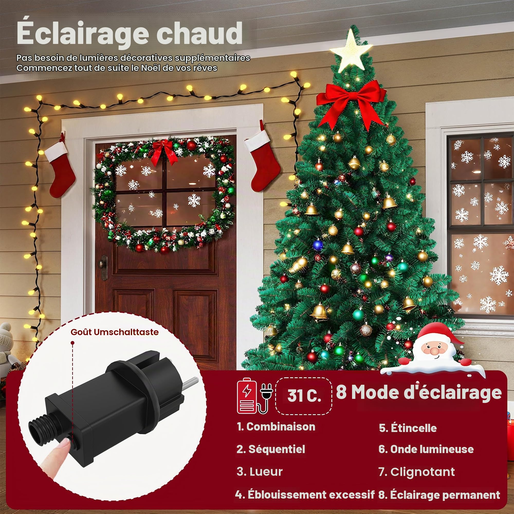 UISEBRT 210cm Sapin de Noël Artificiel Lumineux - Arbre de Noël avec LED, Support en Métal, Sapin Artificiel en PVC pour Décoration de Noël, Vert