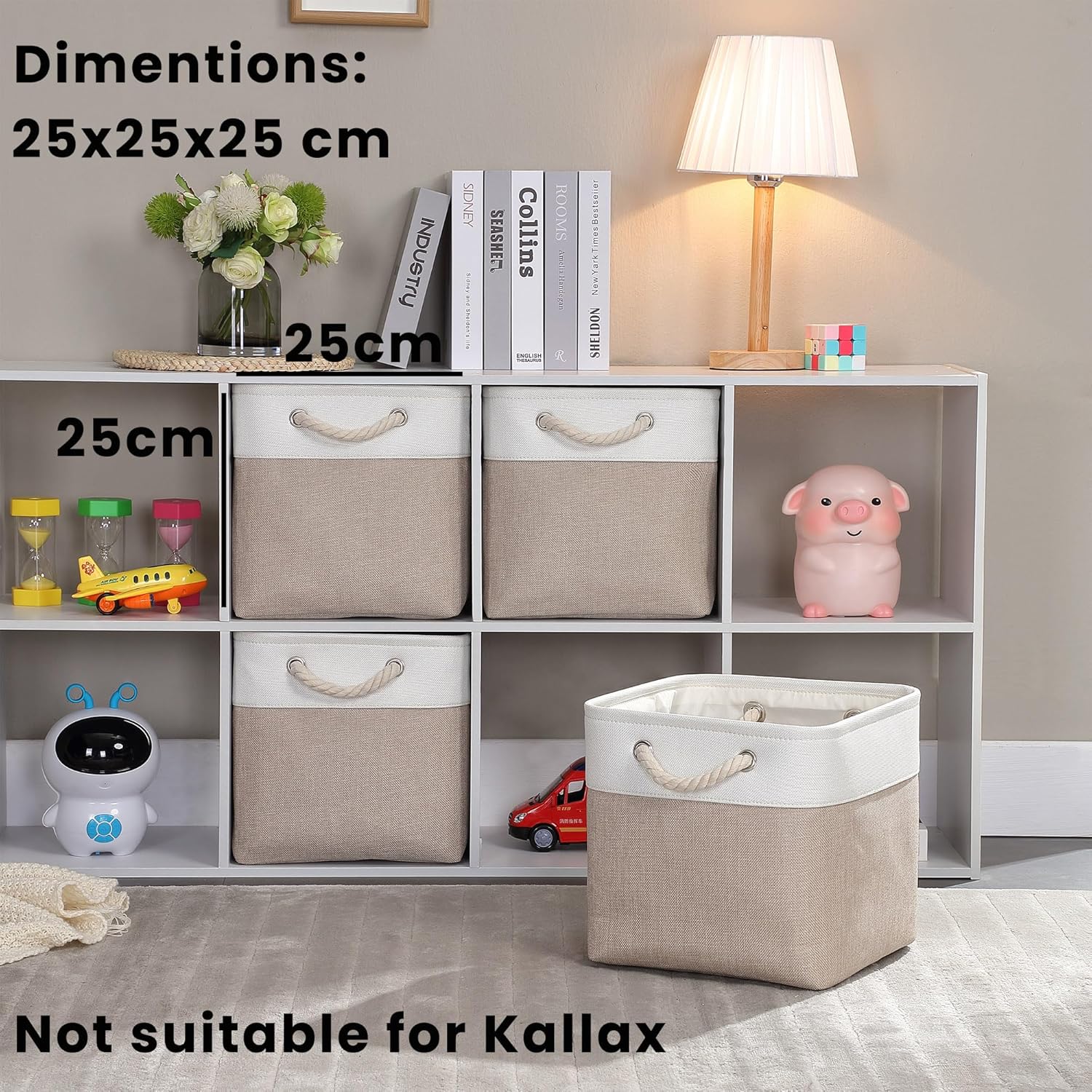 Mangata Cube Storage Boxes 25x25x25cm, Fabric Storage Basket for Cupboards, Shelves, Closet, Light Khaki White（3 Pack）