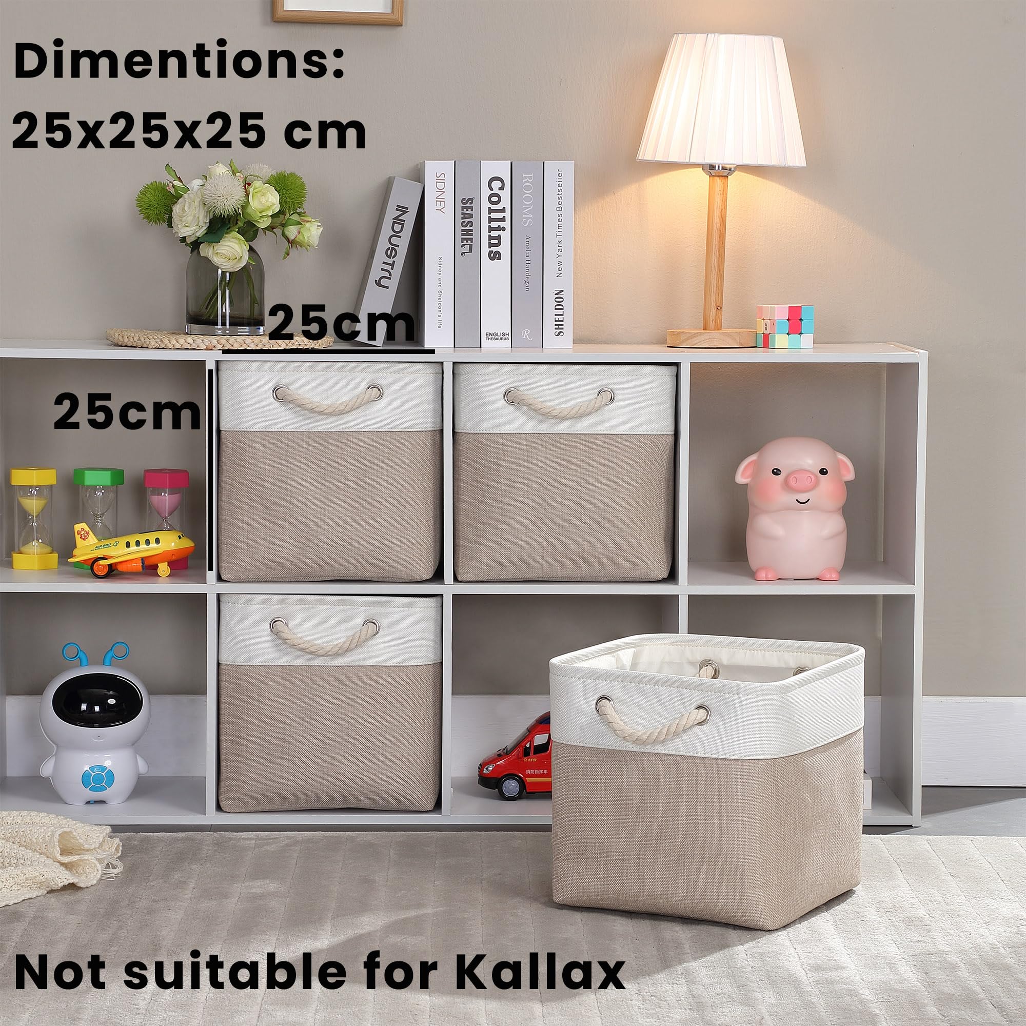 Mangata Cube Storage Boxes 25x25x25cm, Fabric Storage Basket for Cupboards, Shelves, Closet, Light Khaki White?Collapsible, 4 Pack?