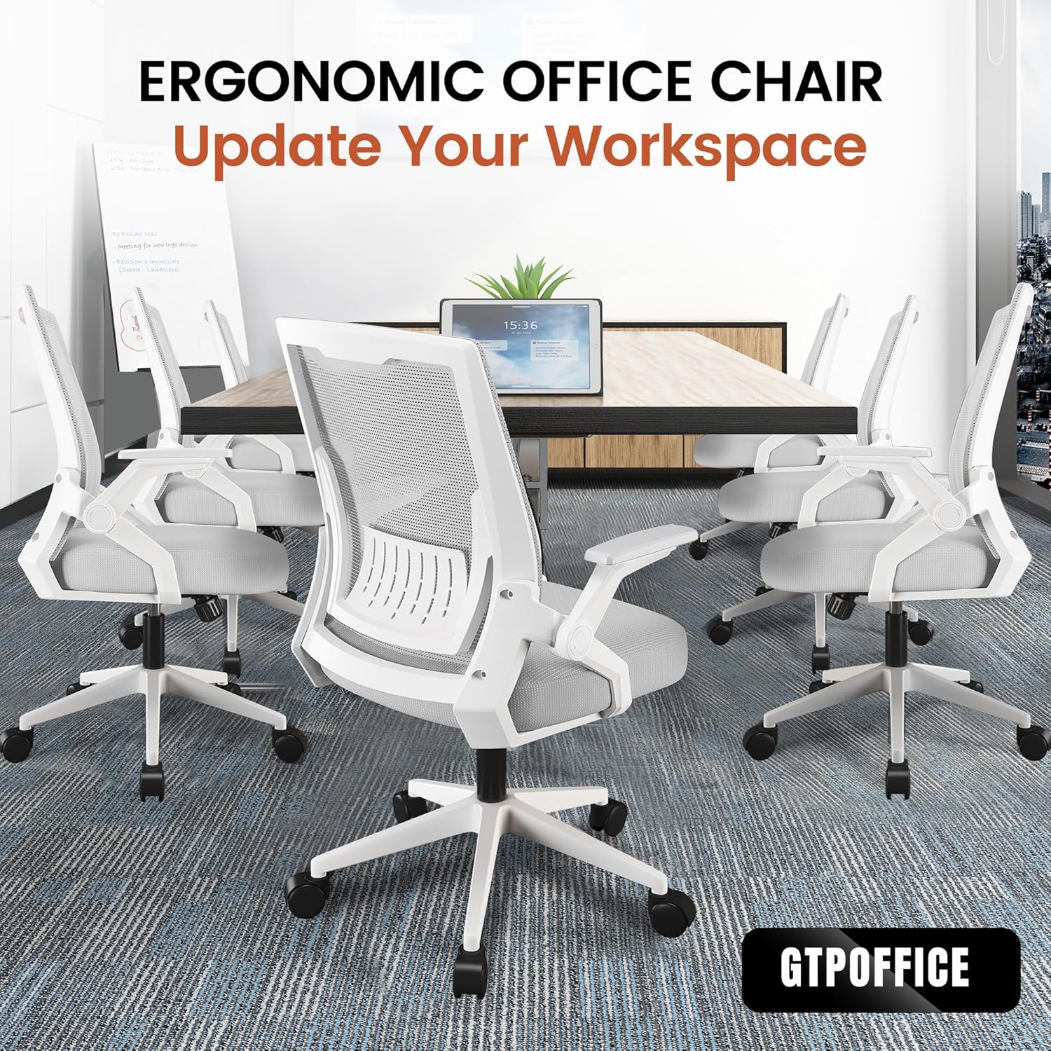GTPOFFICE Ergonomic Office Chair, Computer Desk Chair Comfy with Adjustable Lumbar Support, Mid-Back Mesh Office Chair with Flip-up Armrest, Tilt Function Task Chair for Home, Bedroom, Gaming