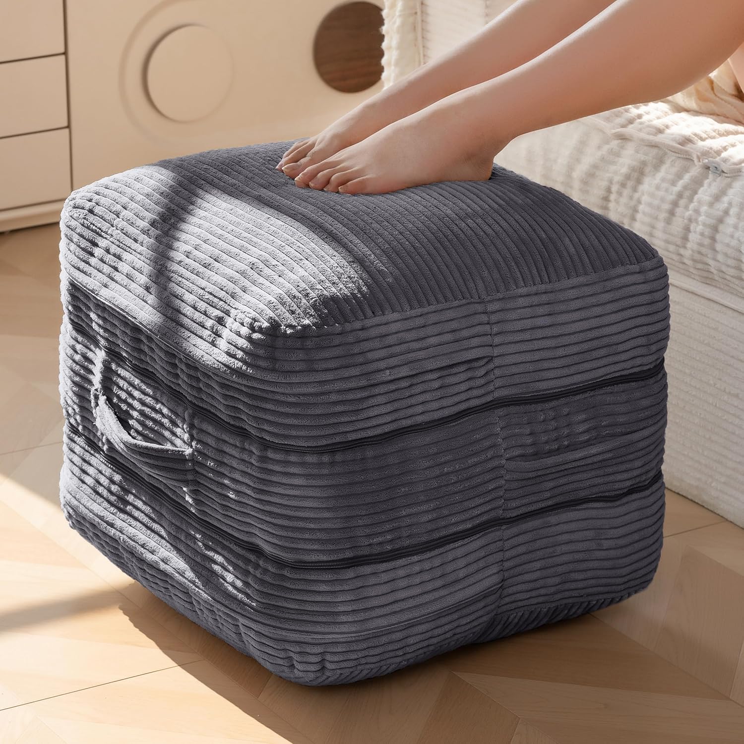 HIGOGOGO Pouf Ottoman Stuffed Square Modern Foam Filled Foot Rest Poufs 20 X 18 Inches Modular Ottomans Separated Into Floor Cushions for Living Room Chair Decorative Stool, Dark Grey