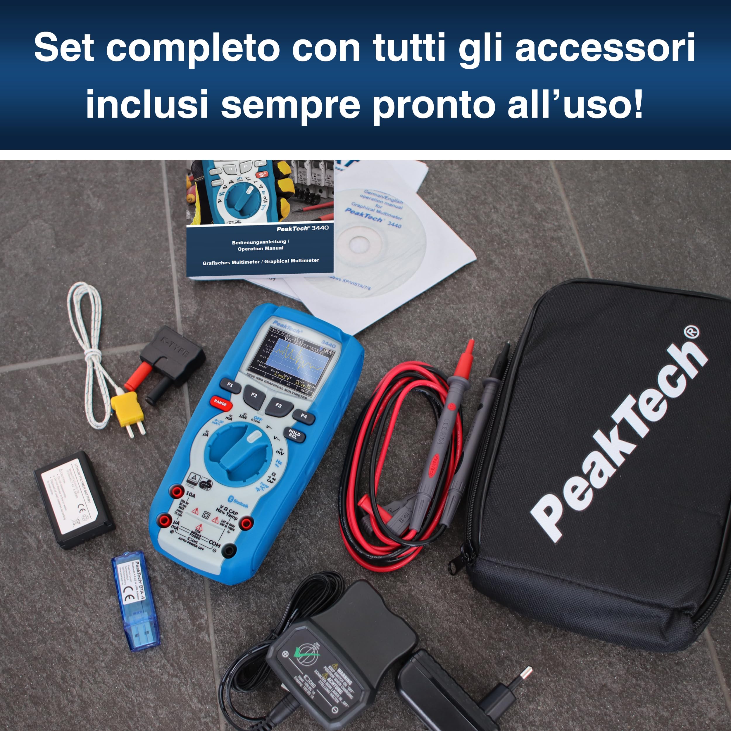Peaktech 3440 – Multimetro Digitale True Rms con Bluetooth 4 e Display Grafico, 50.000 Conteggi, Tüv/Gs, Autorange, Voltmetro, Tester di Continuità - Cat Iii 1000V