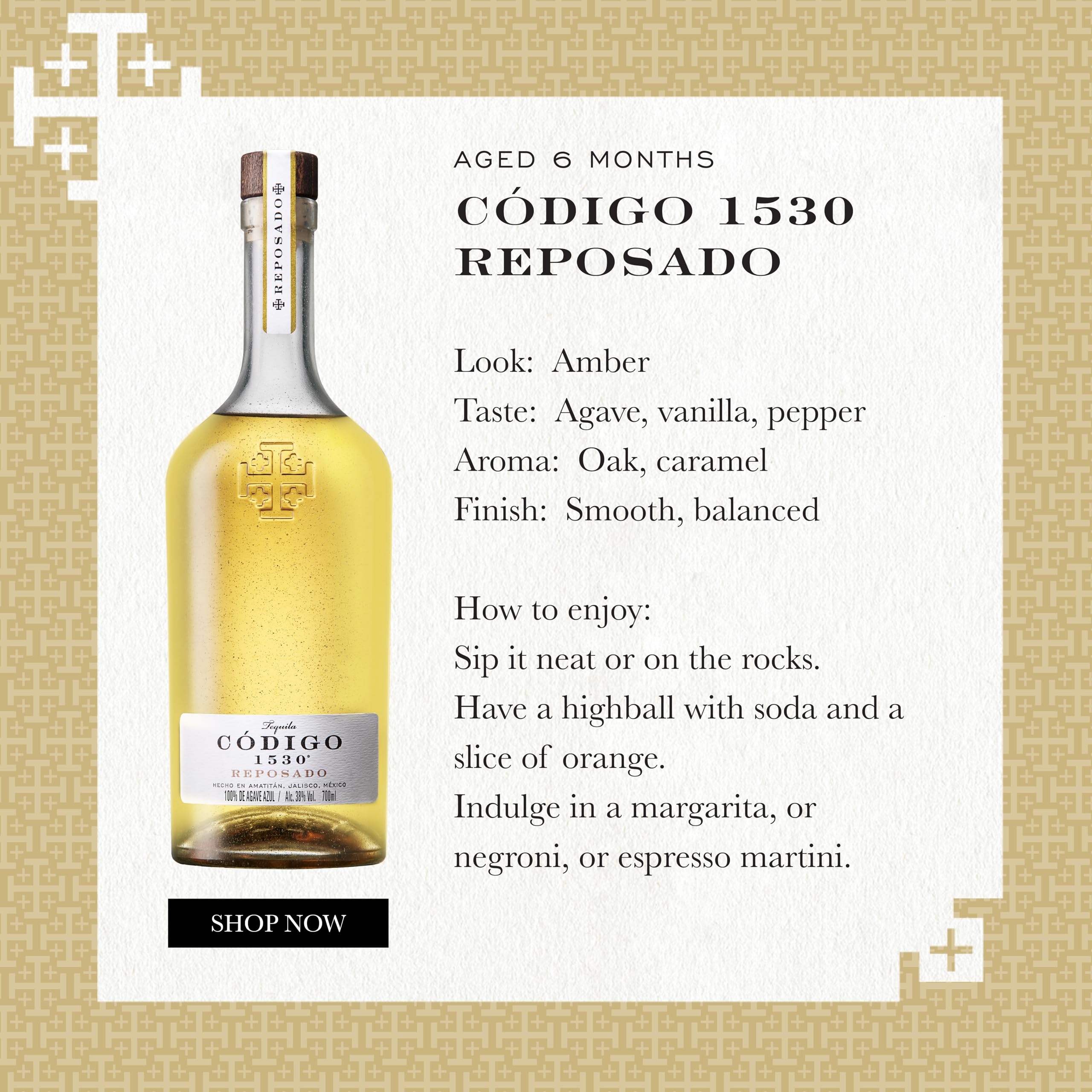 CODIGO 1530 Reposado Tequila 38% Vol. 0,7 l goldener Tequila mit Eiche und Karamell
