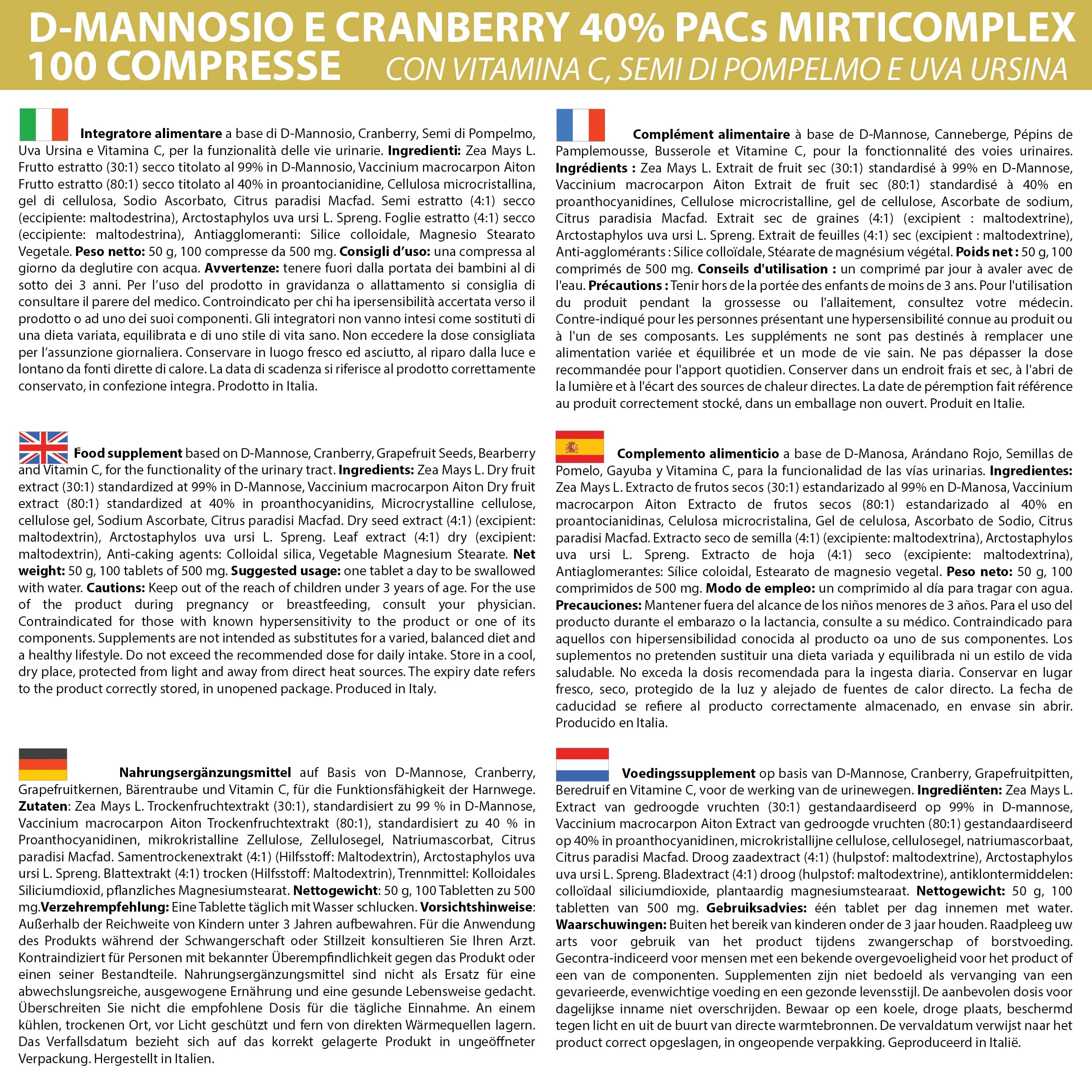 D - Mannosio e Cranberry 40% PAC Mirti Complex con Semi di Pompelmo, Uva Ursina e Vitamina C |1000 compresse 1 al dì | Mirtillo Rosso ad Alto Dosaggio
