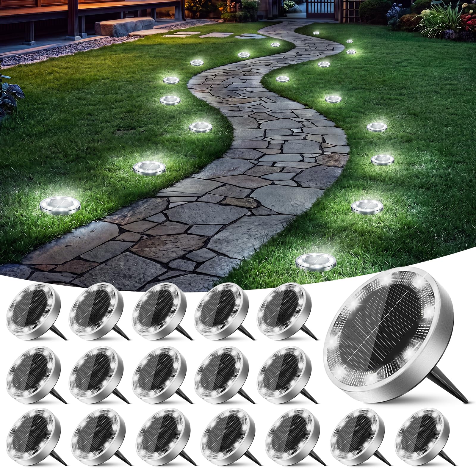 Peasur Solar Ground Lights Outdoor, 18 Pack Flat Solar Powered Disc Lights, IP68 Waterproof, Anti-Rust, Landscape Lighting for Pathway Garden Yard Lawn Walkway Landscape Driveway, Mini, Cool White