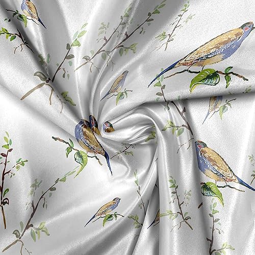 Miniatura 4 de Ambesonne Animals Fabric by The Yard, Spring Theme Birds Settled on Branches Leafs and Sparrows Peacful Garden, Decorative Satin Fabric for Home