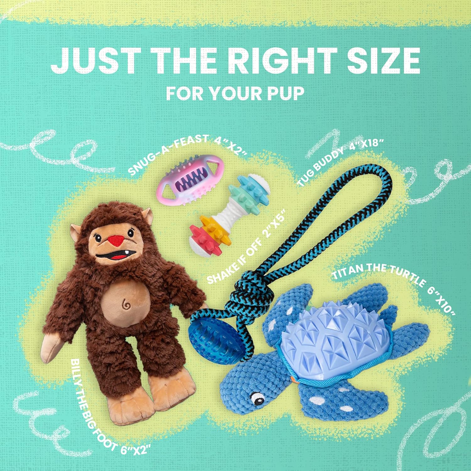 Snugarooz Toy Box Takeover for Medium Breeds – Tug Buddy, Snug-A-Feast, Billy The Big Foot, Shake It Off Nylon Bone & Titan The Turtle – Mixed Texture Playset for Fun