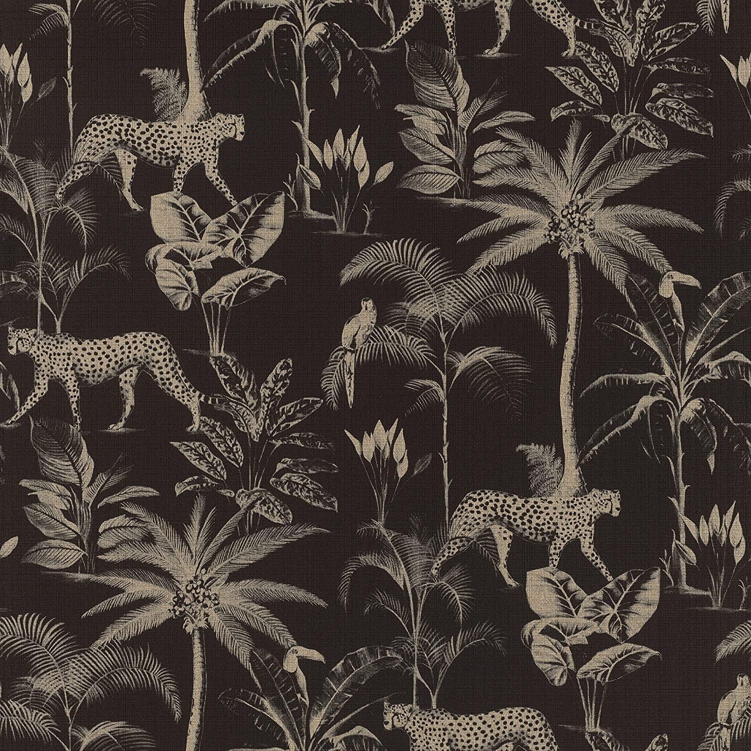 Yöl Black,Charcoal,Gold Savannah Black Gold Wallpaper Textured Shimmer Cheetah Palm Tree Jungle Tropical