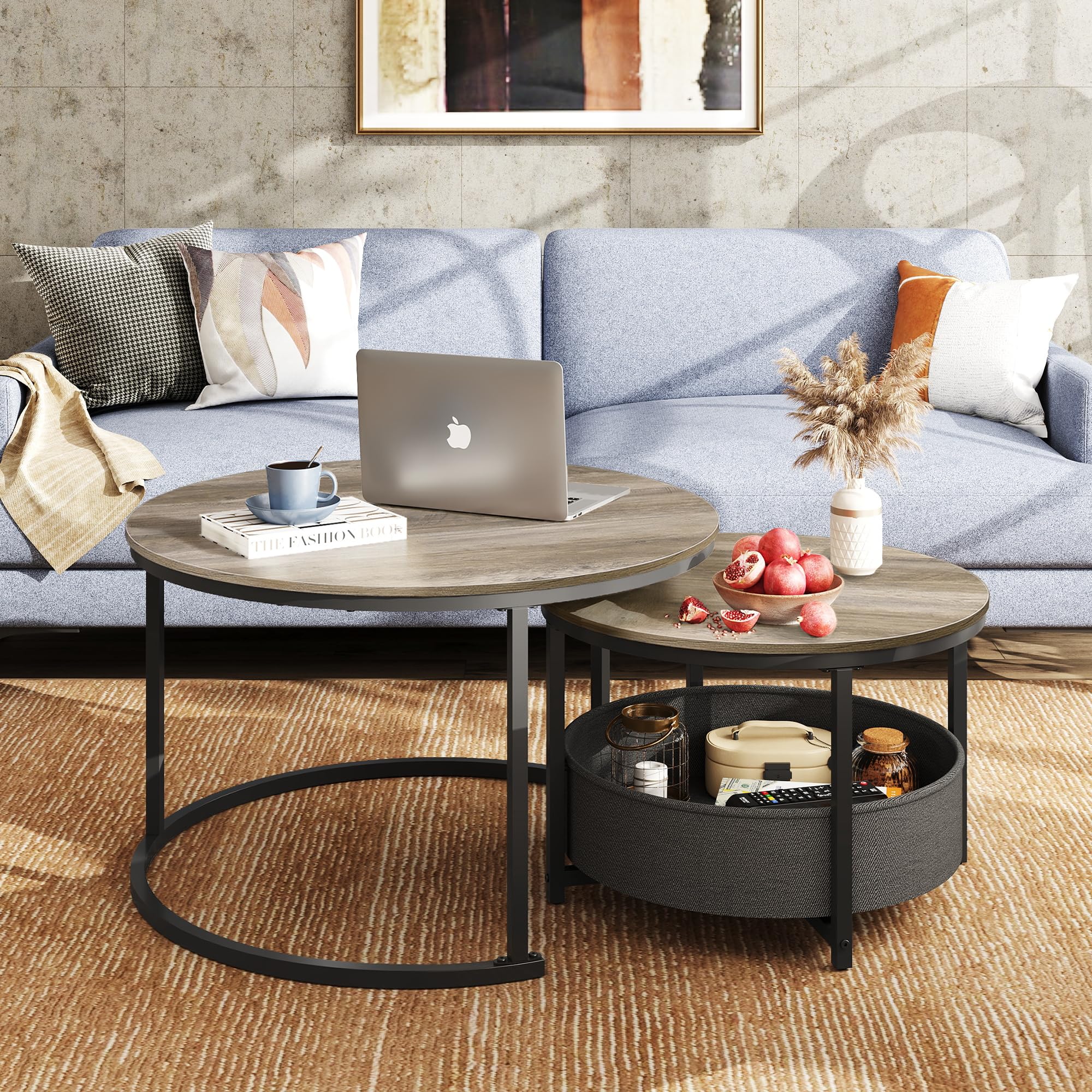 WLIVE Mesa de Centro Juego de 2, Mesa Auxiliar Redonda con Almacenamiento, Mesa de Salón de Madera con Estructura Metálica (Gris Negro, 80 y 60 cm de diámetro)