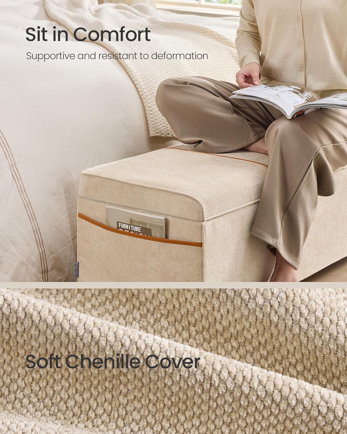 SONGMICS Storage Ottoman Bench, Storage Chest, 15.7 x 43.3 x 15.7 Inches, End of Bed Bench, 27 Gal. (103 L), for Bedroom, Entryway, Living Room, Cappuccino Beige ULSF533L01 - Image 4