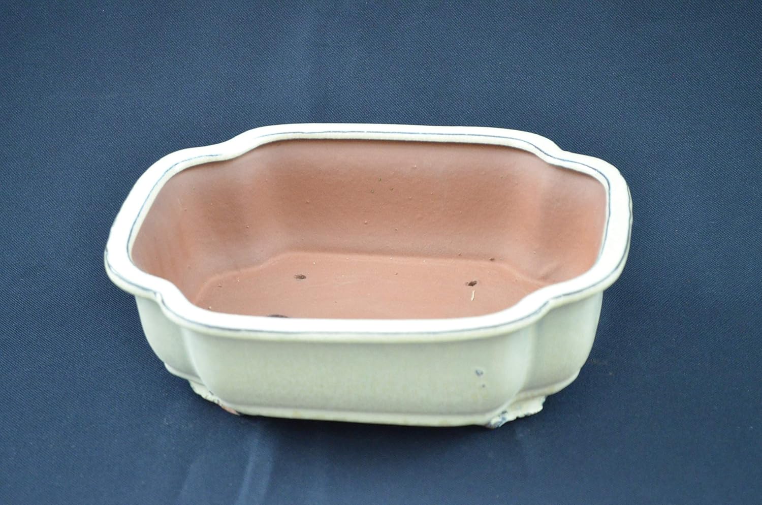 Bonsai Ceramic Pot 10", Hexagon Shape, Beige Color, Glazed with draining Holes.