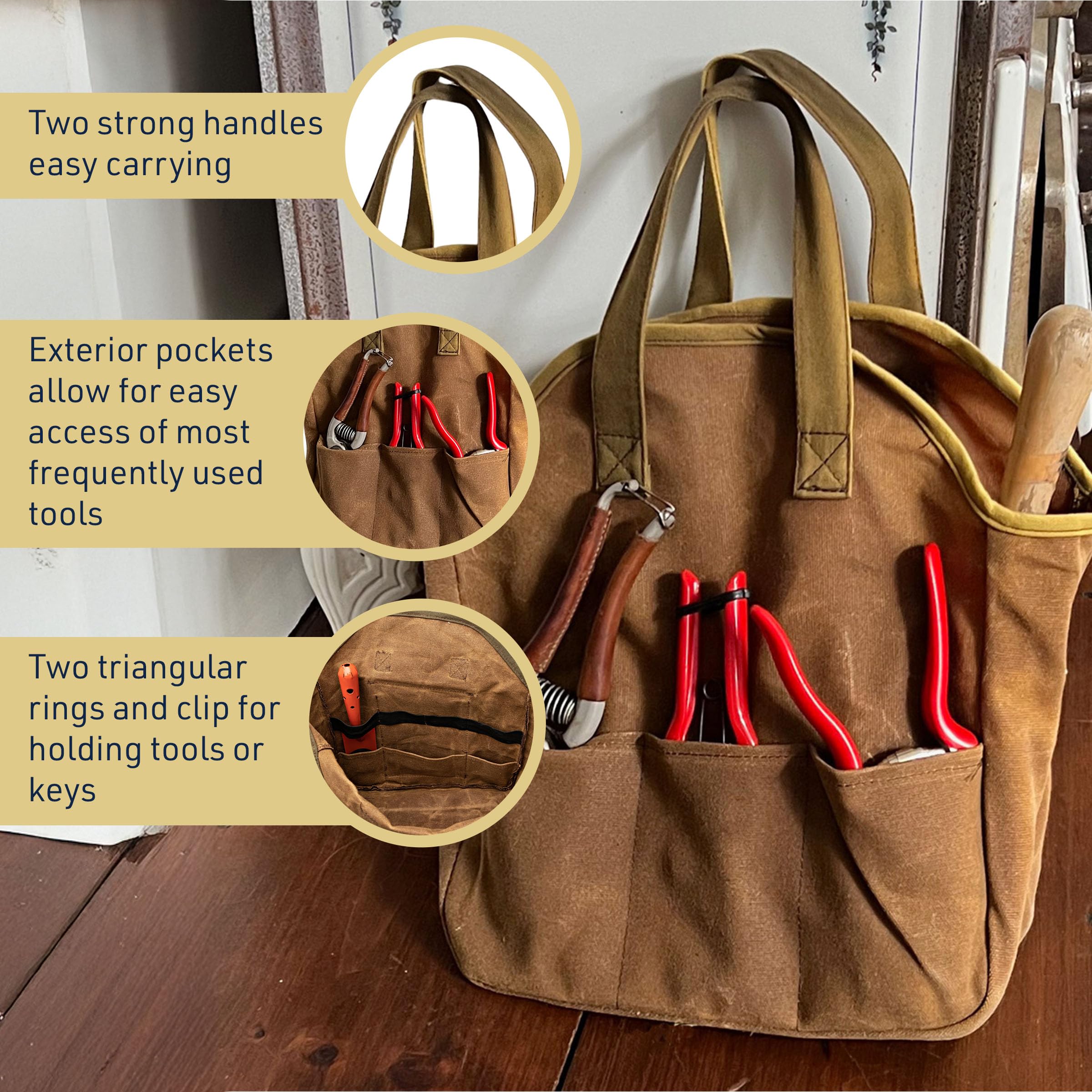 Bolsa de herramientas de jardín – Bolsa de lona encerada resistente de 12 x 14 pulgadas con 6 bolsillos interiores y 3 exteriores para organizar herramientas de jardinería – Regalos de jardinería para