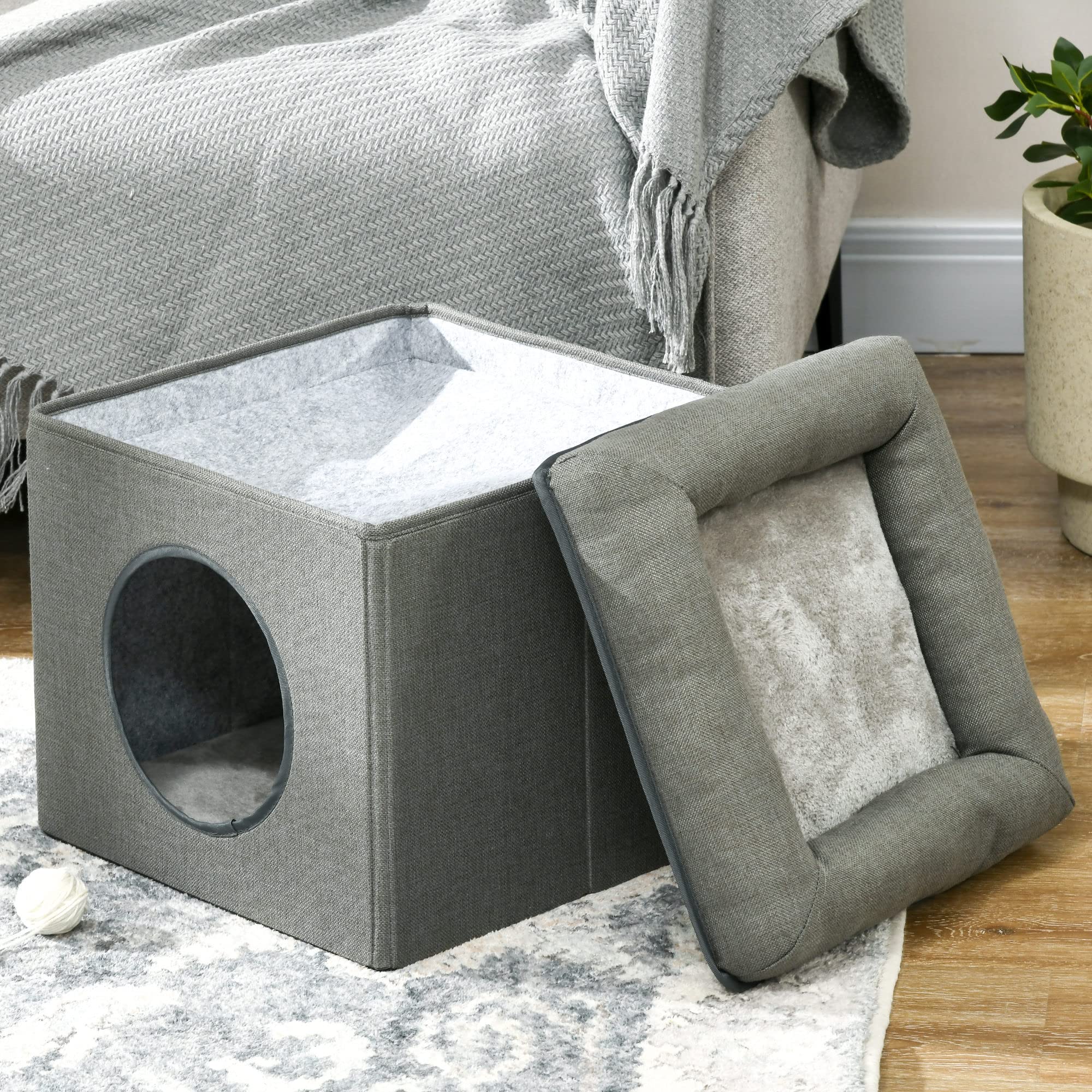 PawHut Maison Niche pour Chat 2 Niveaux avec Coussin Moelleux en Peluche - 36,5 x 36,5 x 33 cm Gris