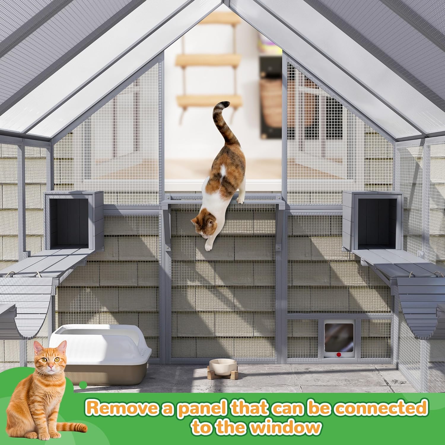 Large Catio Outdoor Cat Enclosure, 53.5ft² Extra Large Cat Catio for Multiple Cats, Weatherproof Full Cover, Window Connect Avaliable, Big Walk-in Entrance, Wood, Grey