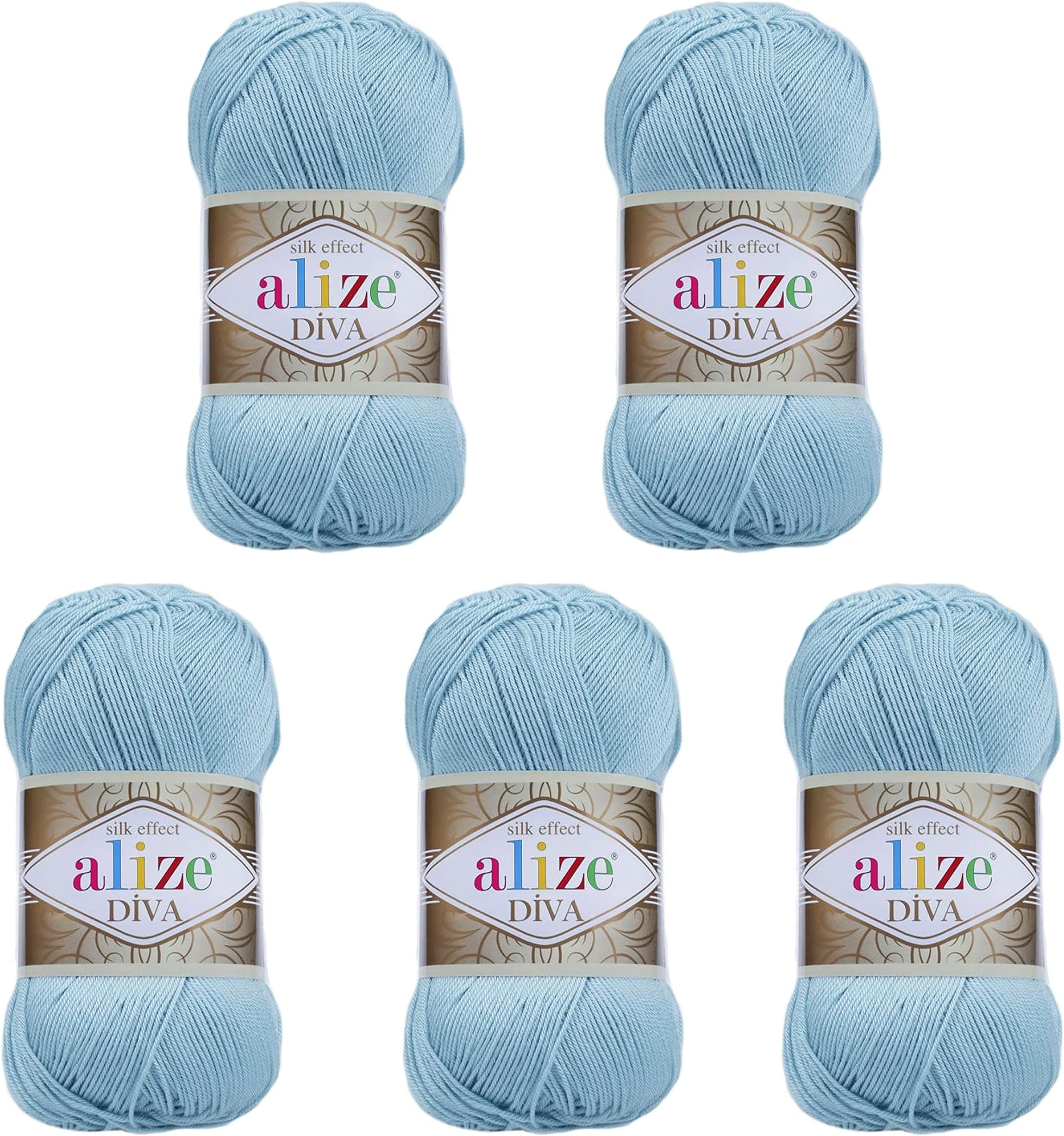 Alize Diva Silky Effect Hand Knitting Yarn %100 Microfiber Acrylic Yarn Thread Crochet Art Lace Craft Lot of 5 skeins 500gr 1915 yds (346 - Sky Blue)