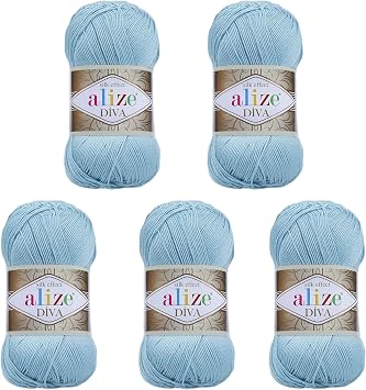 Alize Diva Silky Effect Hand Knitting Yarn %100 Microfiber Acrylic Yarn Thread Crochet Art Lace Craft Lot of 5 skeins 500gr 1915 yds 346 - Sky Blue