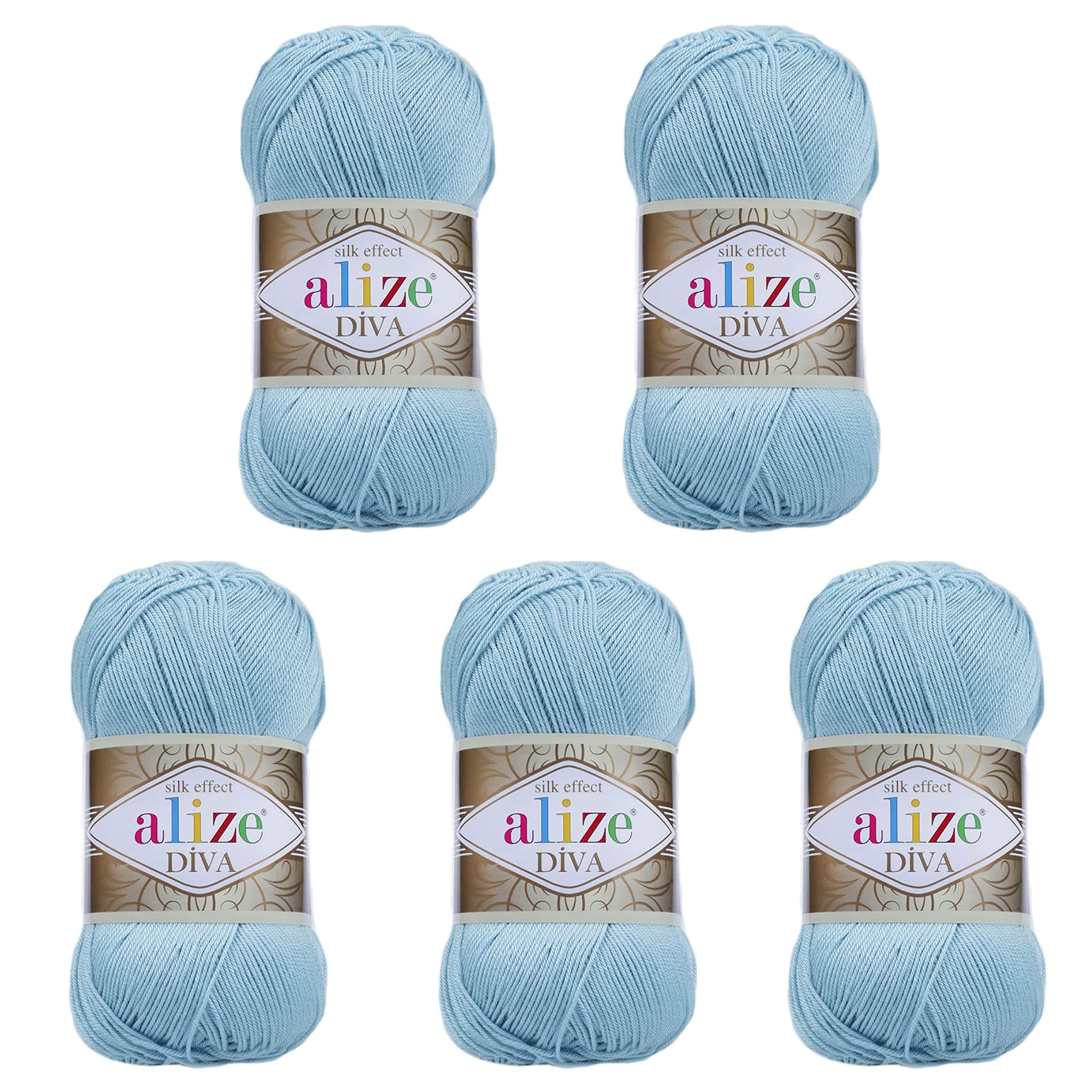 Alize Diva Silky Effect Hand Knitting Yarn %100 Microfiber Acrylic Yarn Thread Crochet Art Lace Craft Lot of 5 skeins 500gr 1915 yds (346 - Sky Blue)