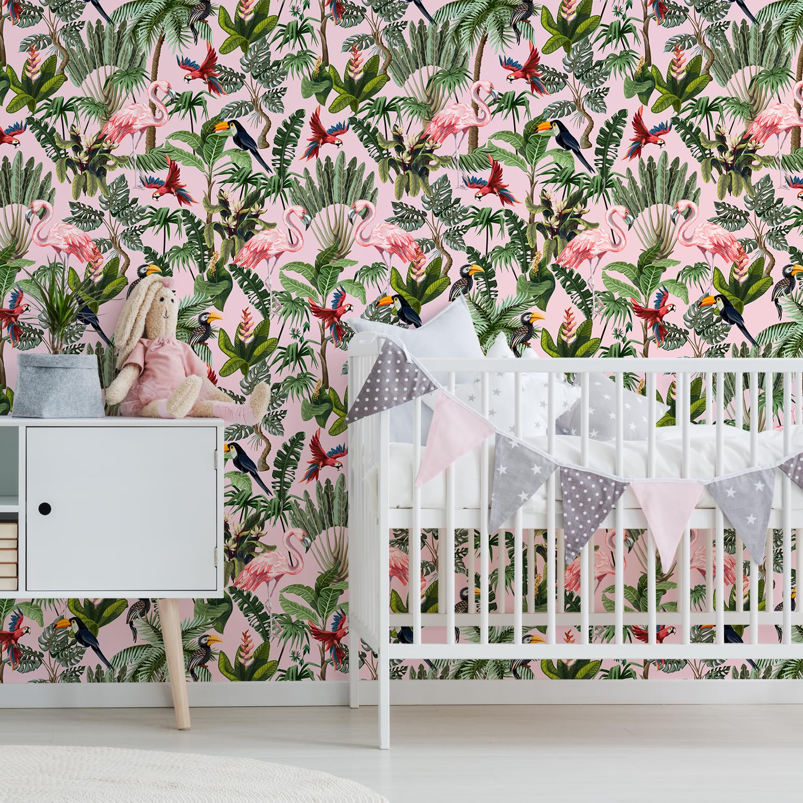 VEELIKE Pink Jungle Wallpaper Tropical Flamingo Bird Floral Leaf Contact Paper for Furniture Botanical Wall Art Patterned Tree Wall Mural Bedroom Living Room 44.5cm×300cm - Image 2