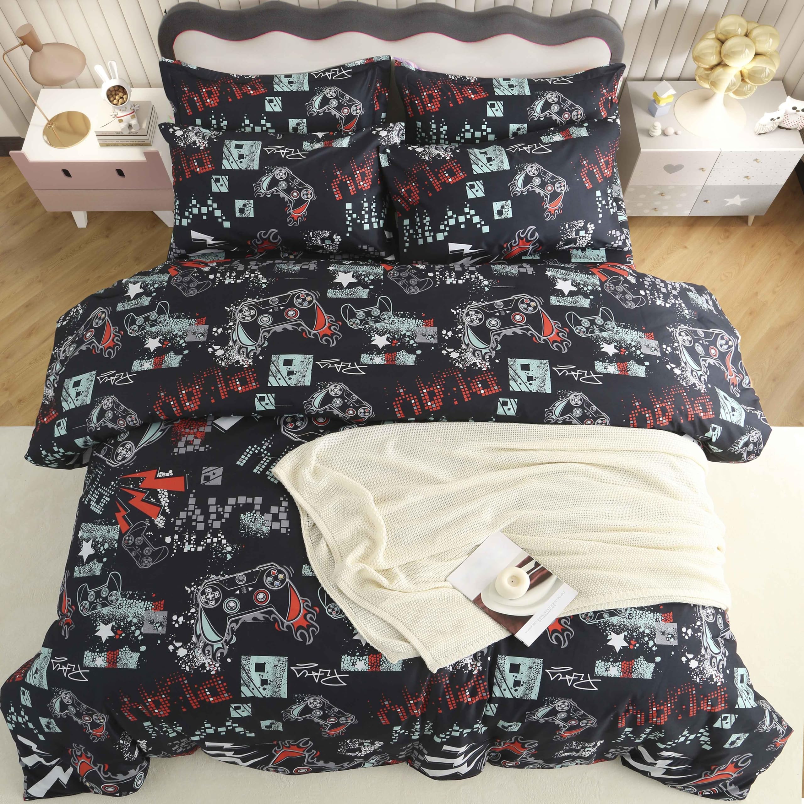 SDY 7PCS Full Size Gaming Bedding Set - Soft Video Game Comforter Set for Boys, Girls & Kids, Gamer Themed Bed Set with Comforter, Sheets &