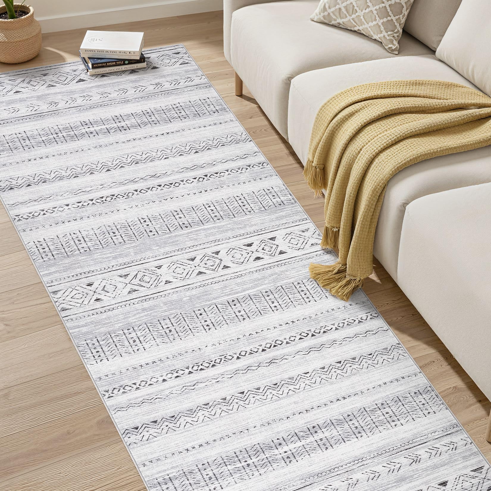 Läufer Teppich Boho Style – 61x183 Cm, Weich, Rutschfest, Maschinenwaschbar, Grau/Weiß