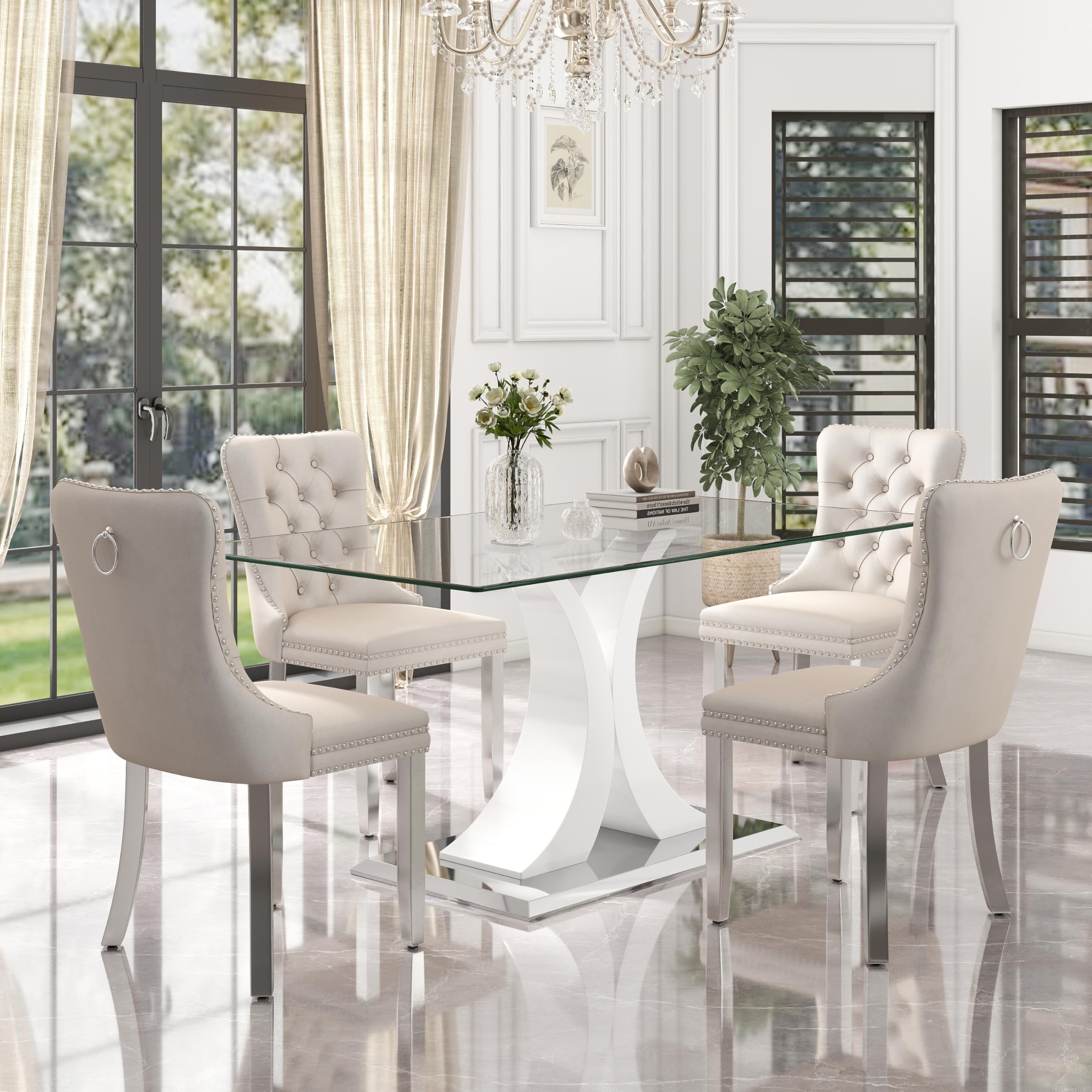HAIZAO 5 Pieces Modern Luxury Glass Dining Set, Large Minimalist Rectangle Dinner Set for 4, 63'' Clear Glass Top Kitchen Table Set with White &