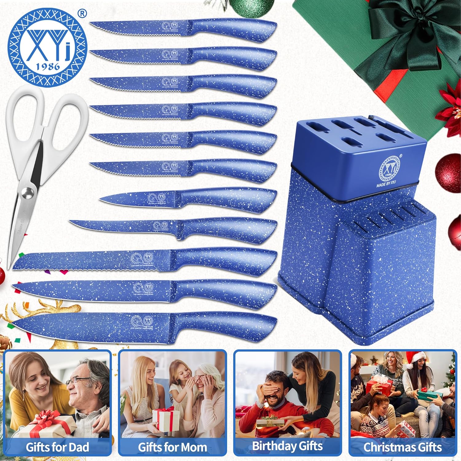 XYJ Authentic Since 1986,Kitchen Knife Block Set, Professional Japanese Chef Knife Set with Holder, Steak Knives, Stainless Steel Paring Bread Fish Boning Carving Slicing Knife,Blue - Image 6