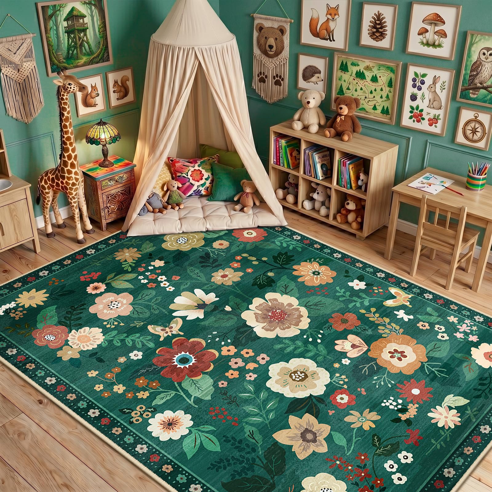 DEFYNEE Machine Washable Rugs Living Room, 150×210cm Floral Rug, Non-Slip Low Pile Boho Vintage Floral Carpet with Printed Design for Kids Room, Bedroom, Kitchen, Entryway, Lounge, Dark Green