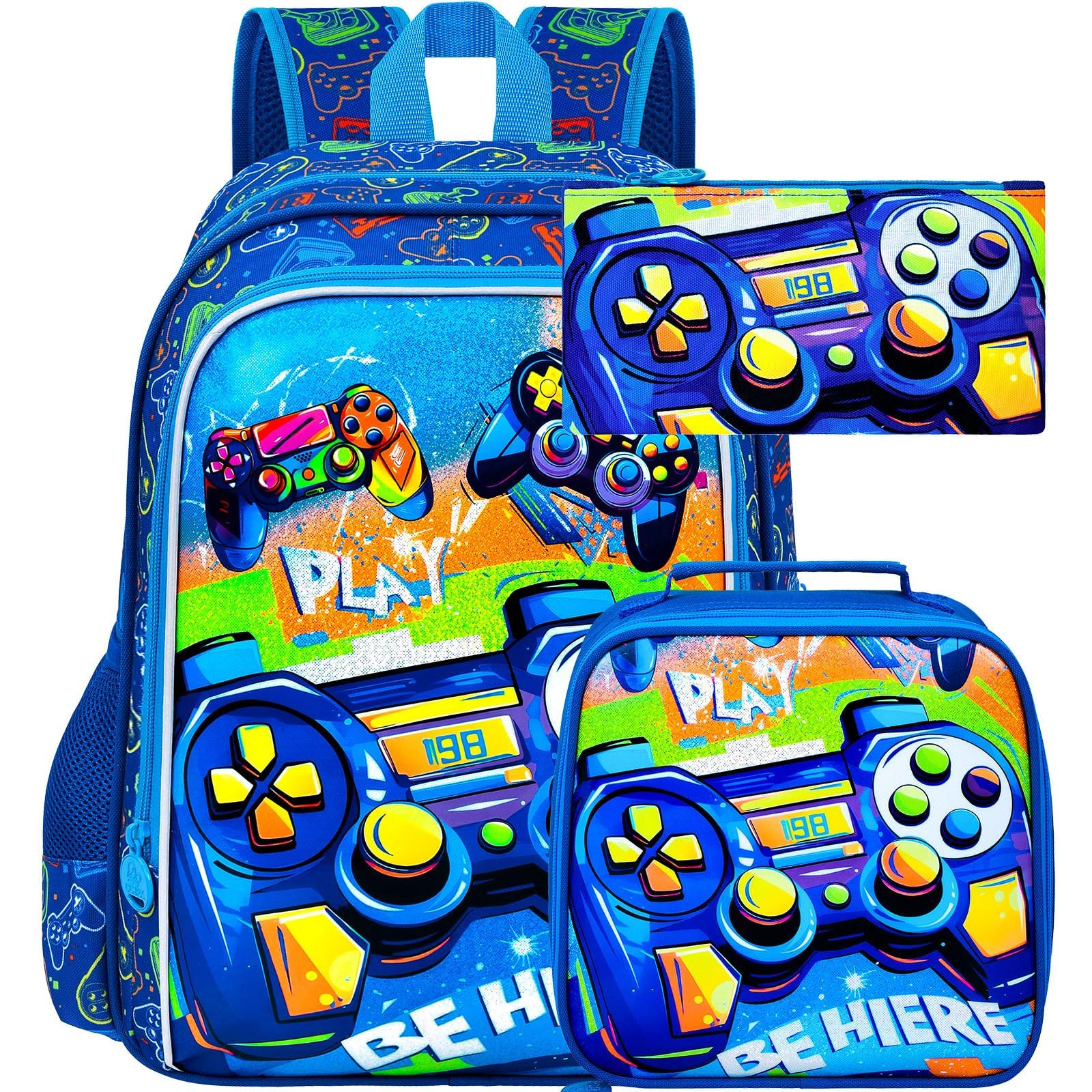 16" Gamer Backpack for Boy, 3Pcs Gaming Kids Bookbag for Elementary Preschool Kindergarten, School Backpacks with Lunch Box(Blue)