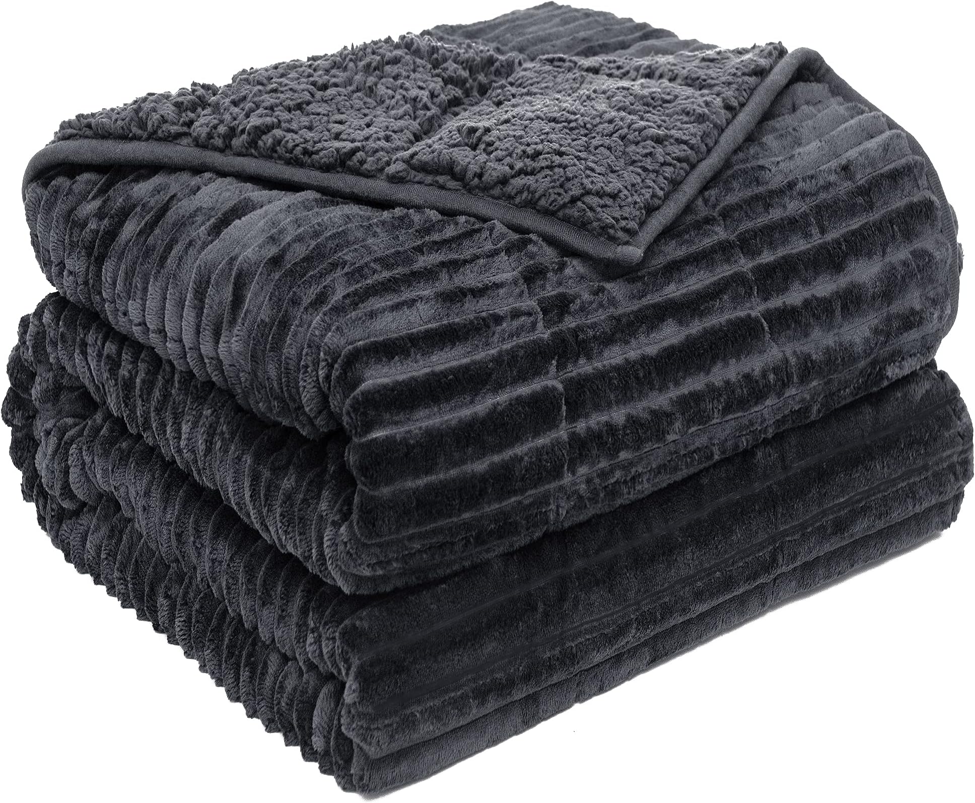 Pawque Sherpa Fleece Weighted Blanket 60 x 80 Inches 15lbs for Adult, Thick Fuzzy Bed Throw with Ribbed Stripes Premium Beads for Bed, Dark Grey