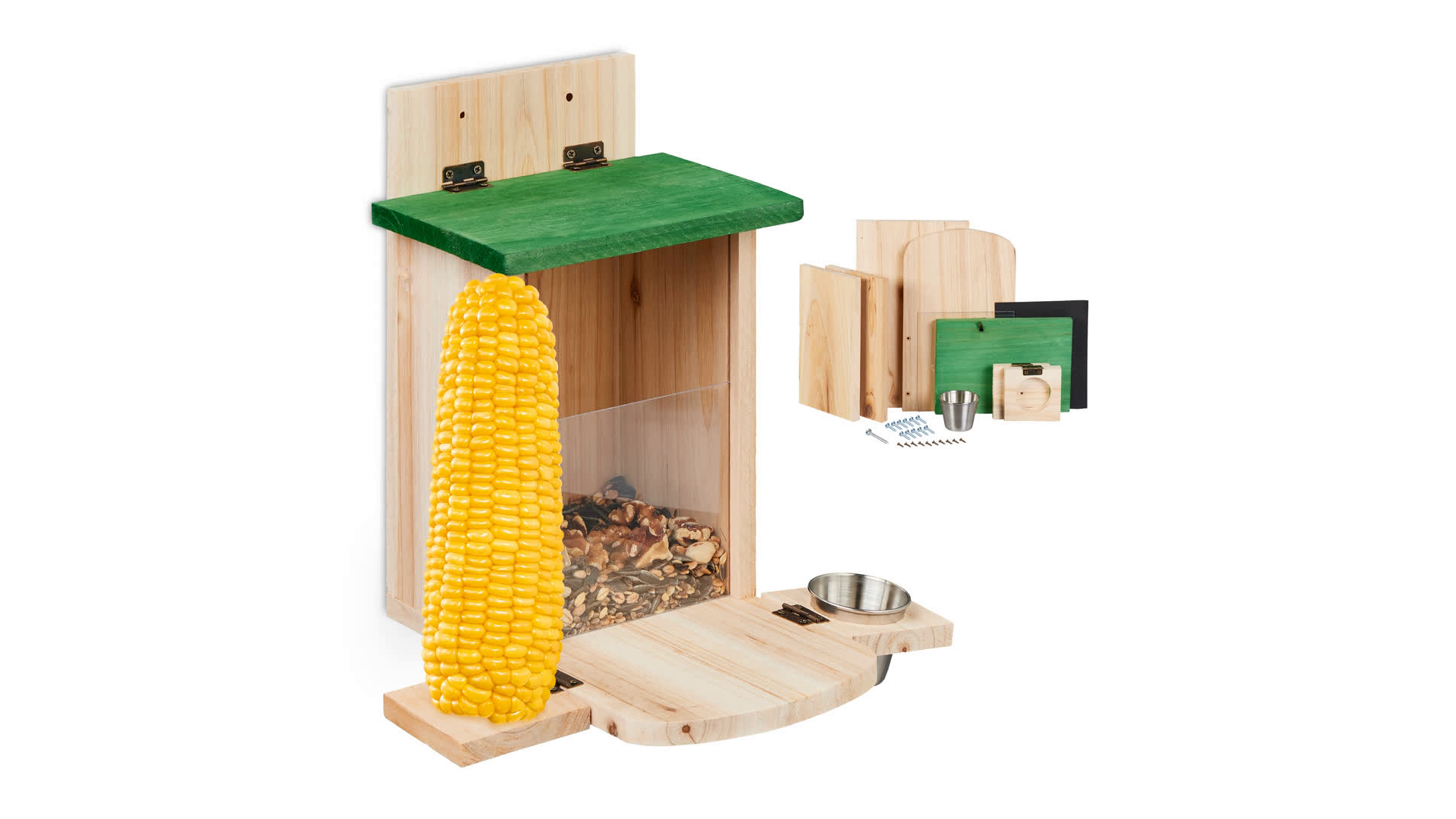 Mangeoire Pour écureuils En Bois à Assembler – Avec Seau à Eau Et Vis Pour épi De Maïs, Protection Toit - 4