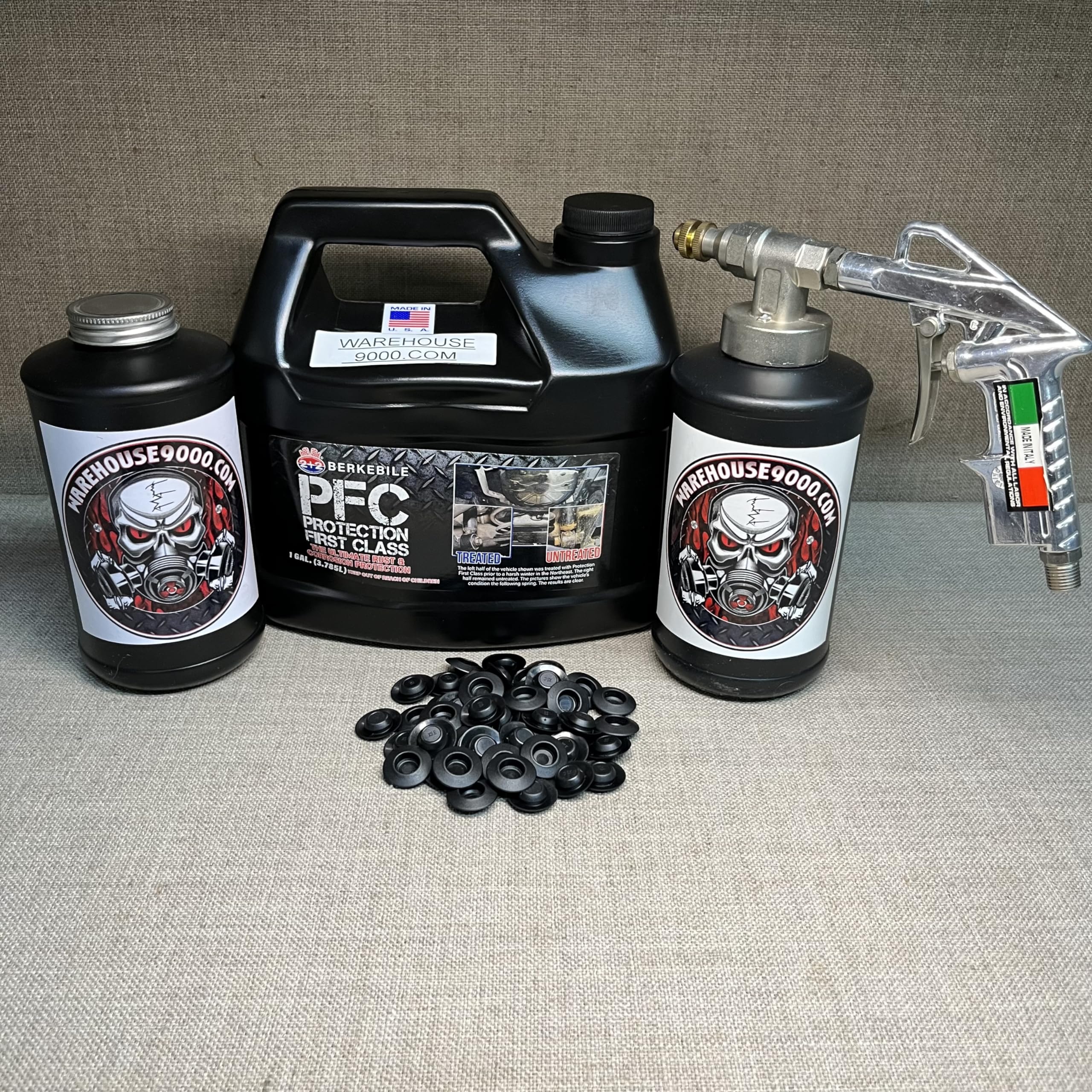 Generic Gallon PFC Amber, Pro Undercoating Spray Gun, 2 Black Quart Bottles, and 50 Rust Plugs