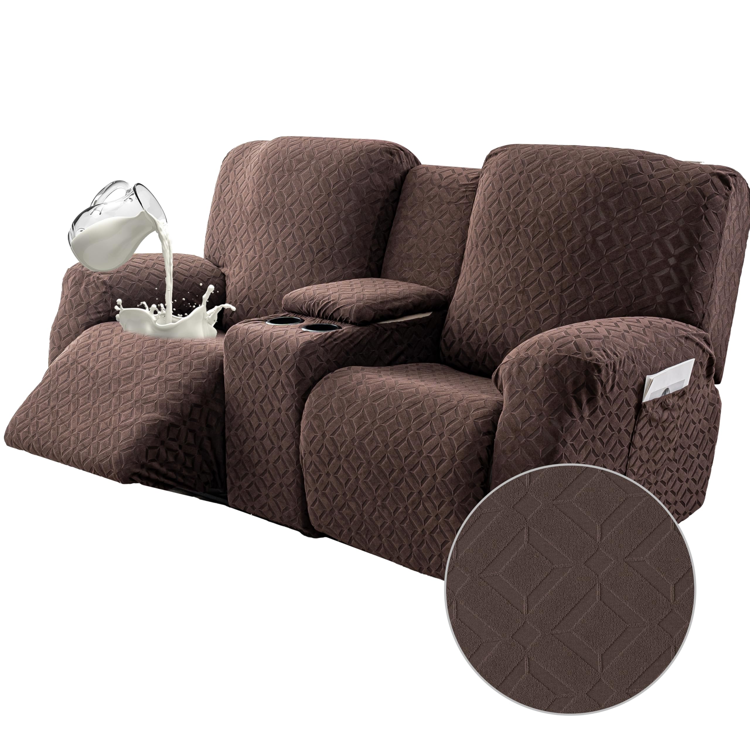 gennia waterproof recliner loveseat cover with console,stretch reclining sofa covers with pockets,lazy boy recliner slipcovers,leakproof couch protector for kids&pets (2 seat with console,chocolate)