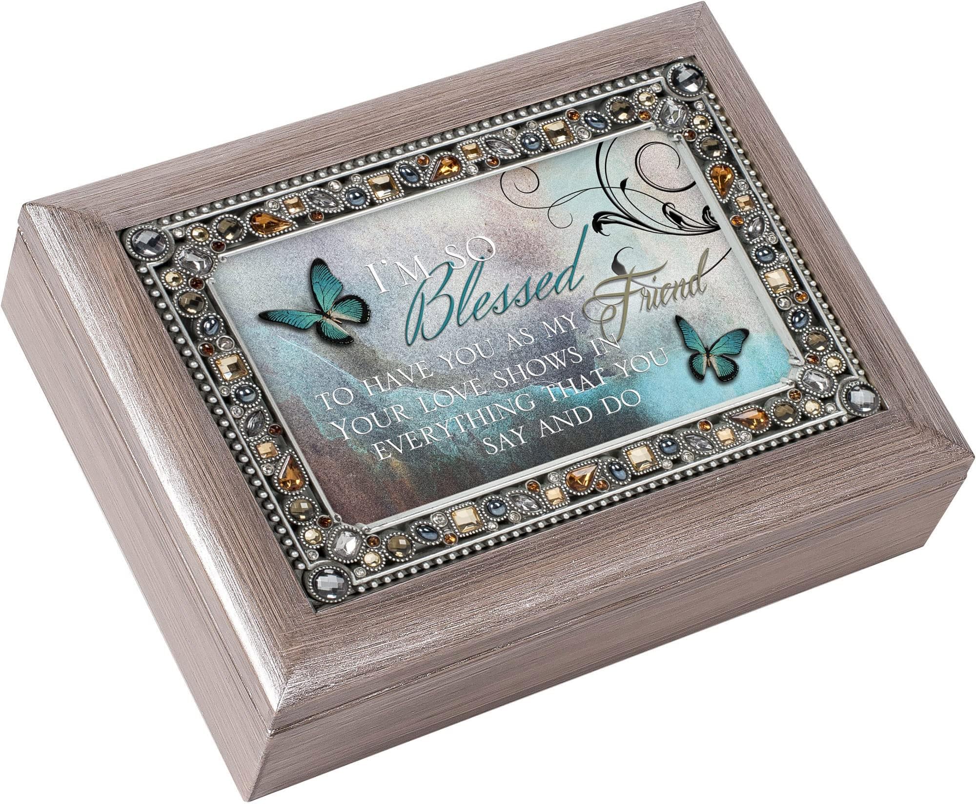Cottage Garden Blessed to Have You as Friend Brushed Pewter Jeweled Music Box Plays Wonderful World