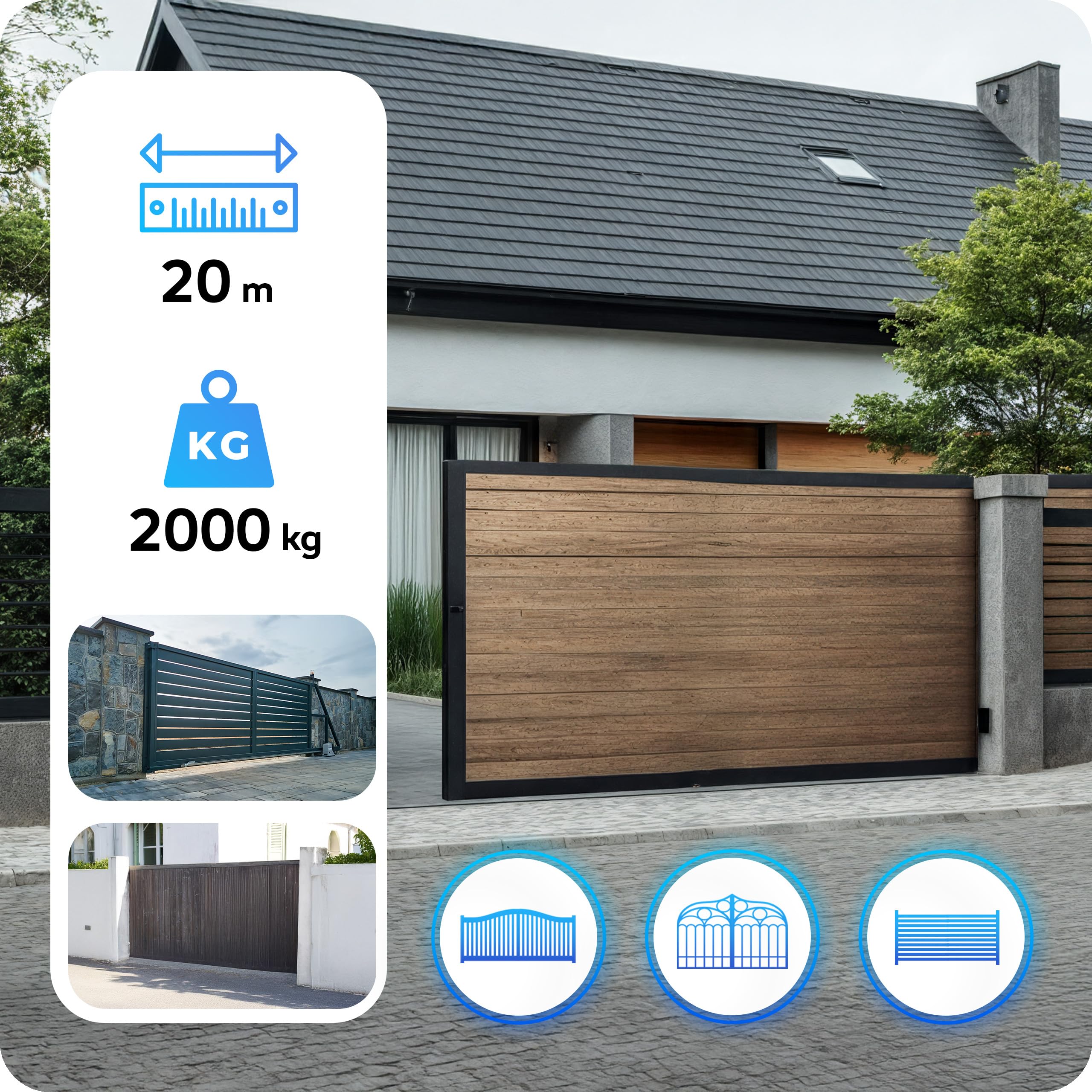 TECHGLOBE - Set di attuatori scorrevoli, 2000 kg, azionamento elettrico per cancelli scorrevoli, WIFI + lampada LED + 4 telecomandi, per cancello scorrevole