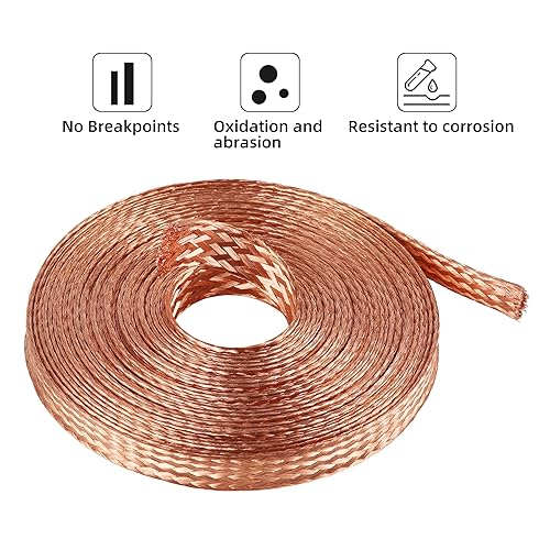Miniatura 6 de Cable trenzado de cobre plano de 10 pies, correa de tierra de cobre trenzada de 12 pulgada, malla de alambre de blindaje espiral flexible desnudo de
