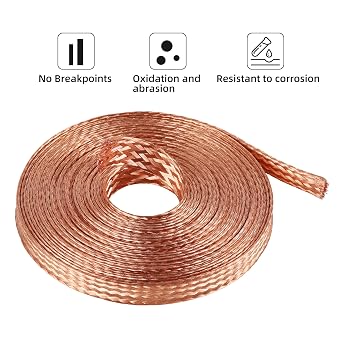 20FT Flat Copper Braid Cable, 3/8 Braided Copper Ground Strap, Bare Copper Braid Wire Ground Lead Bare Flexible Spiral Copper Flat Braid for grounding, bonding and Electrical Connections