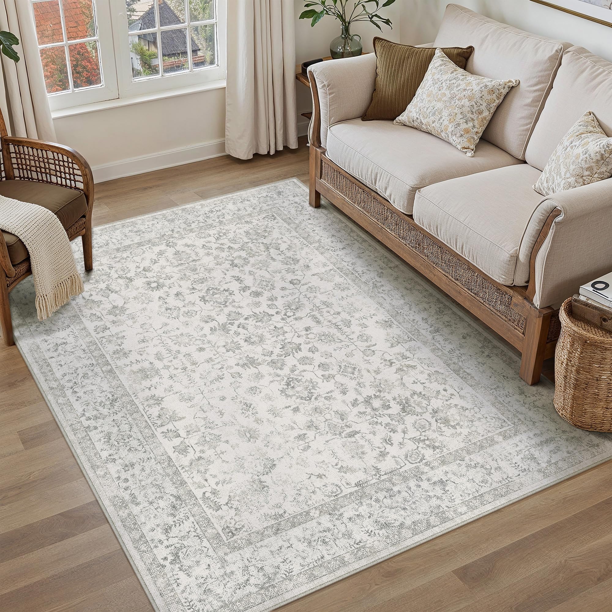 PureCozy Vintage Waschbarer Grau Teppich klein Carpet Kurzflor rutschfest Boho Rug