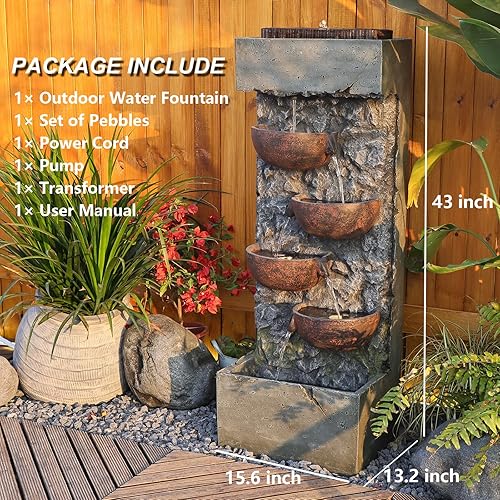 Miniatura 5 de Fuente de agua para jardín, cuenco en cascada, fuente de agua de pie con luces LED, bomba, piedras naturales para jardín, sala de estar, patio, 43