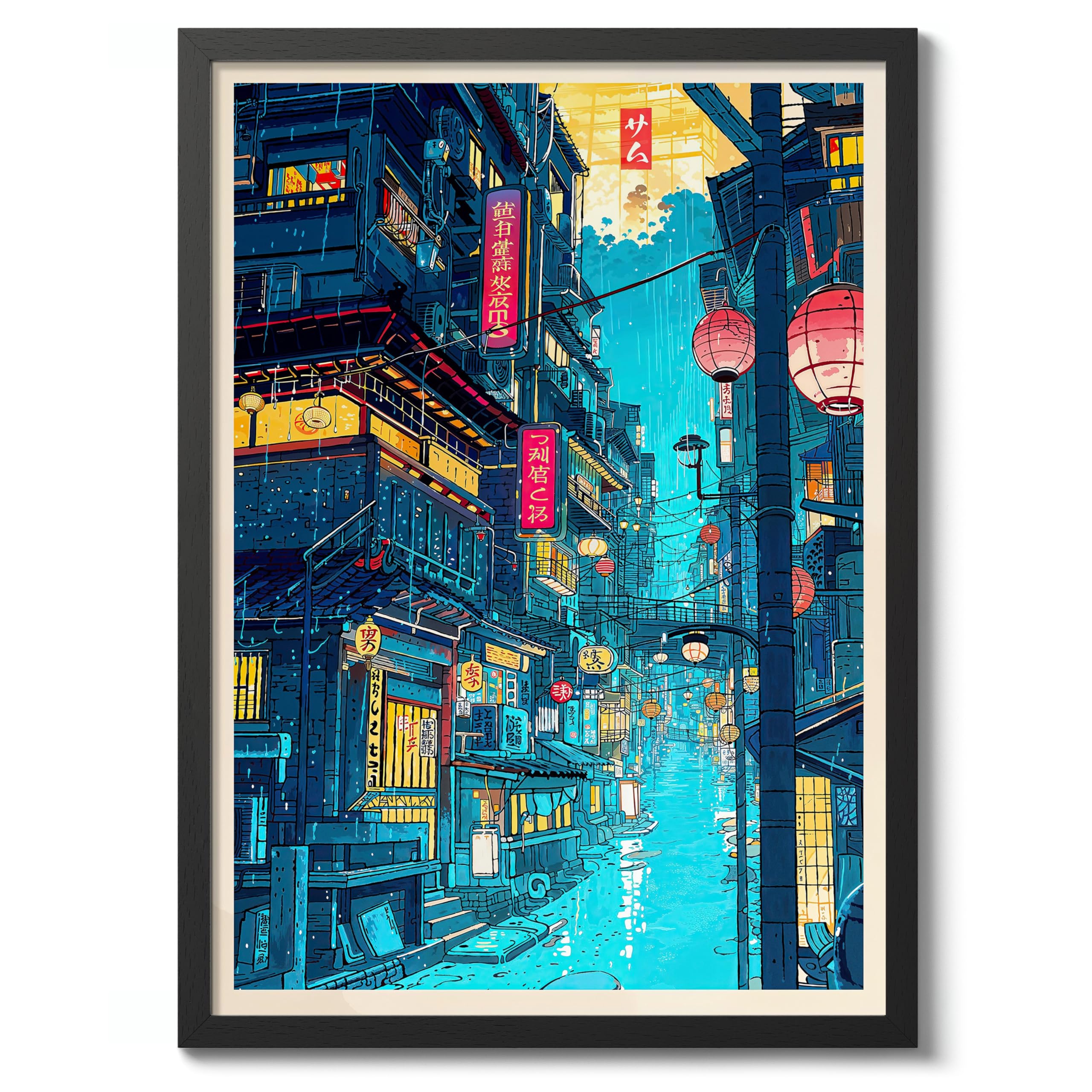 Neon Street Anime Woodblock Poster Print, Cartoon Manga Edo Aesthetic Wall Art Japanese Wall Art Bedroom Home Decor, 50x70cm (Black Frame) - 53x73cm — image 1