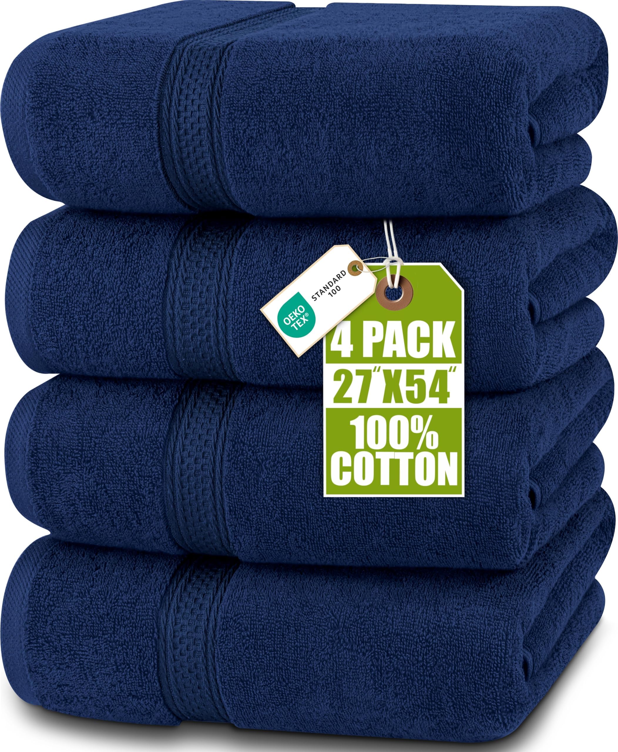 4 Pack Premium Bath Towels Set, 27 by 54 Inches, 100% Ring Spun Cotton 600GSM, Lightweight and Highly Absorbent Quick Drying Towels, Perfect for Daily Use, Navy