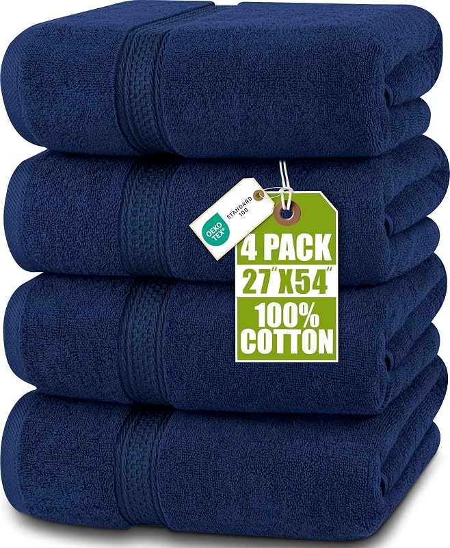 Utopia Towels Paquete de 4 toallas de baño premium, 27 x 54 pulgadas, algodón de 600 g/m², azul marino | Toallas de algodón hilado en anillos, ligeras y de primera calidad, muy absorbentes, de secado rápido, tacto suave, perfectas para uso diario