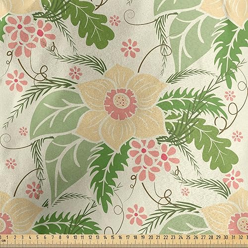 Miniatura 2 de Lunarable Botanical Fabric by The Yard, Daisy Spring Large Bouquets Leaves Gardening Foliage Floral Yard, Decorative Satin Fabric for Home Textiles