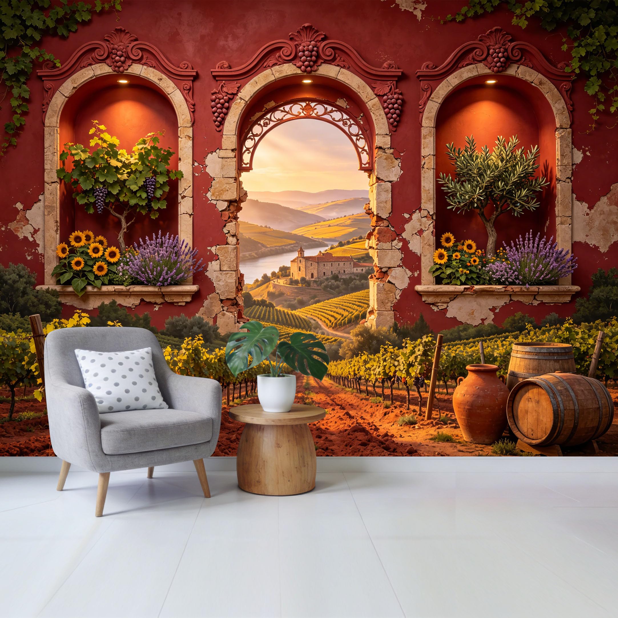 Removable Self Adhesive Fabric Mural， Tuscan Vineyard Landscape Sunset Archway Custom Size Wall Covering， UV Protected Waterproof Washable Wall Decor for Living Room Bedroom Bathroom