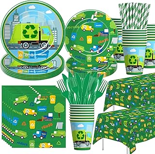 Xigejob Garbage Truck Birthday Party Supplies - Trash Party Decorations Tableware For Birthday Baby Shower, Plate, Cup, Napkin, Tablecloth, Cutlery, Straw, Waste Recycling Party Decorations | Serve 24