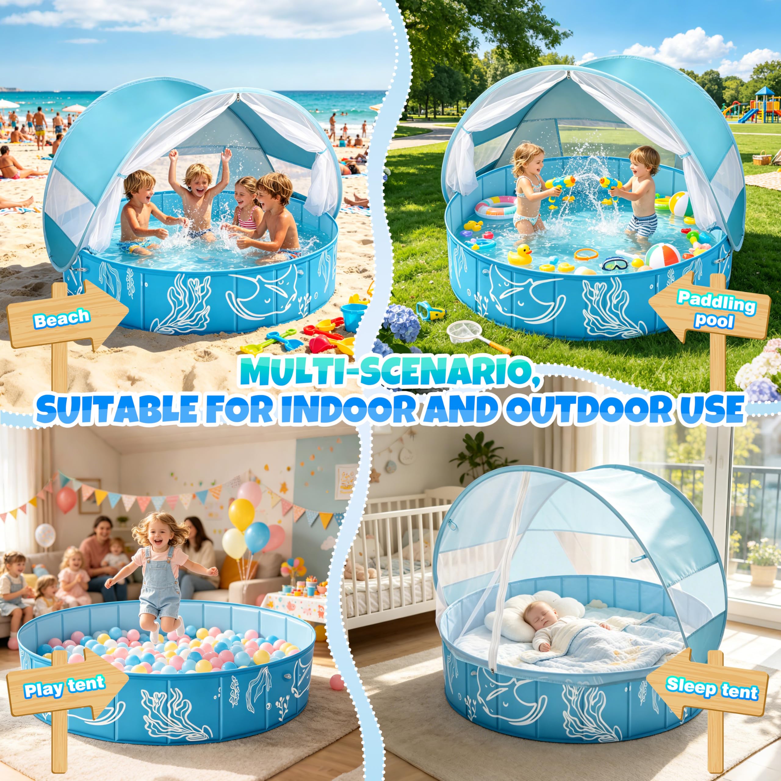 4-in-1 Pop Up Baby Planschbecken Groß, Strandmuschel Baby Bällepool mit UV Schutz SPF 50+, BabyPool mit Dach, Tragbare Spielzelt Bällebad für Picknick, Garten, Strand (120 * 30)