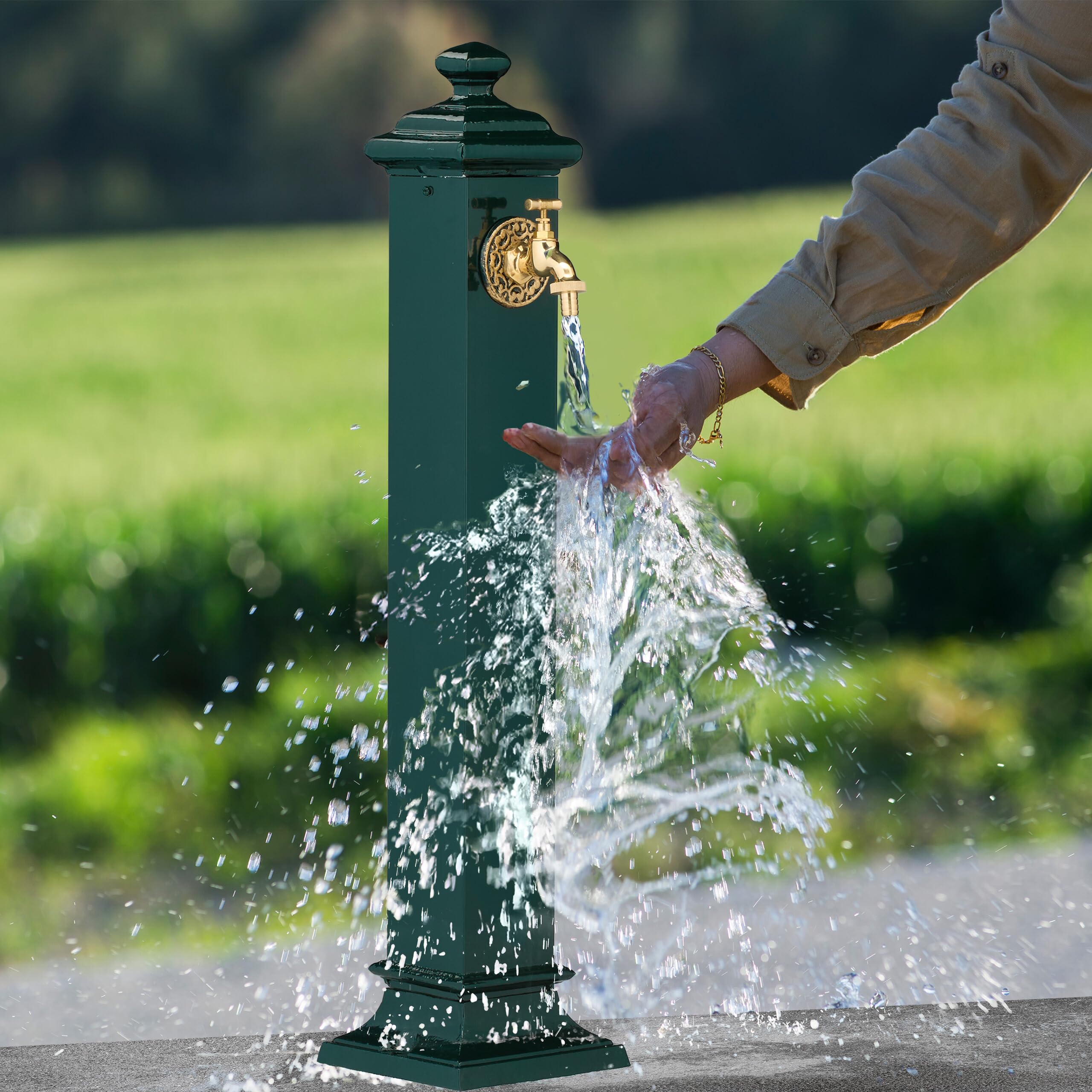 Relaxdays Fuente de Agua de Estilo Antiguo, con Grifo Jardín, 86x19x23 cm, Terraza, Patio, Decorativa, Verde Oscuro