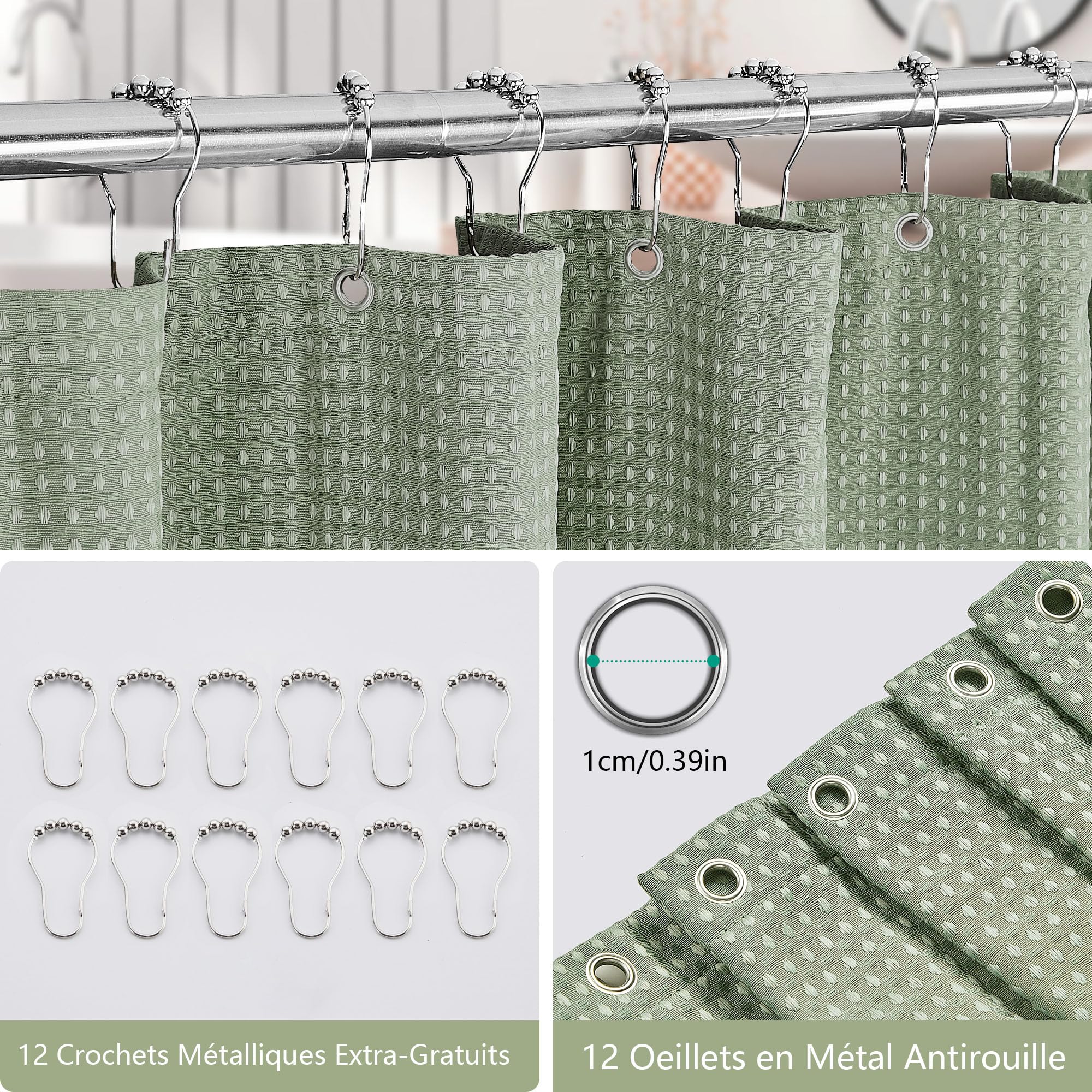 Rideau de Douche en Tissu Polyester Lavable en Machine Imperméable 183 x 183 cm avec 12 Crochets Vert