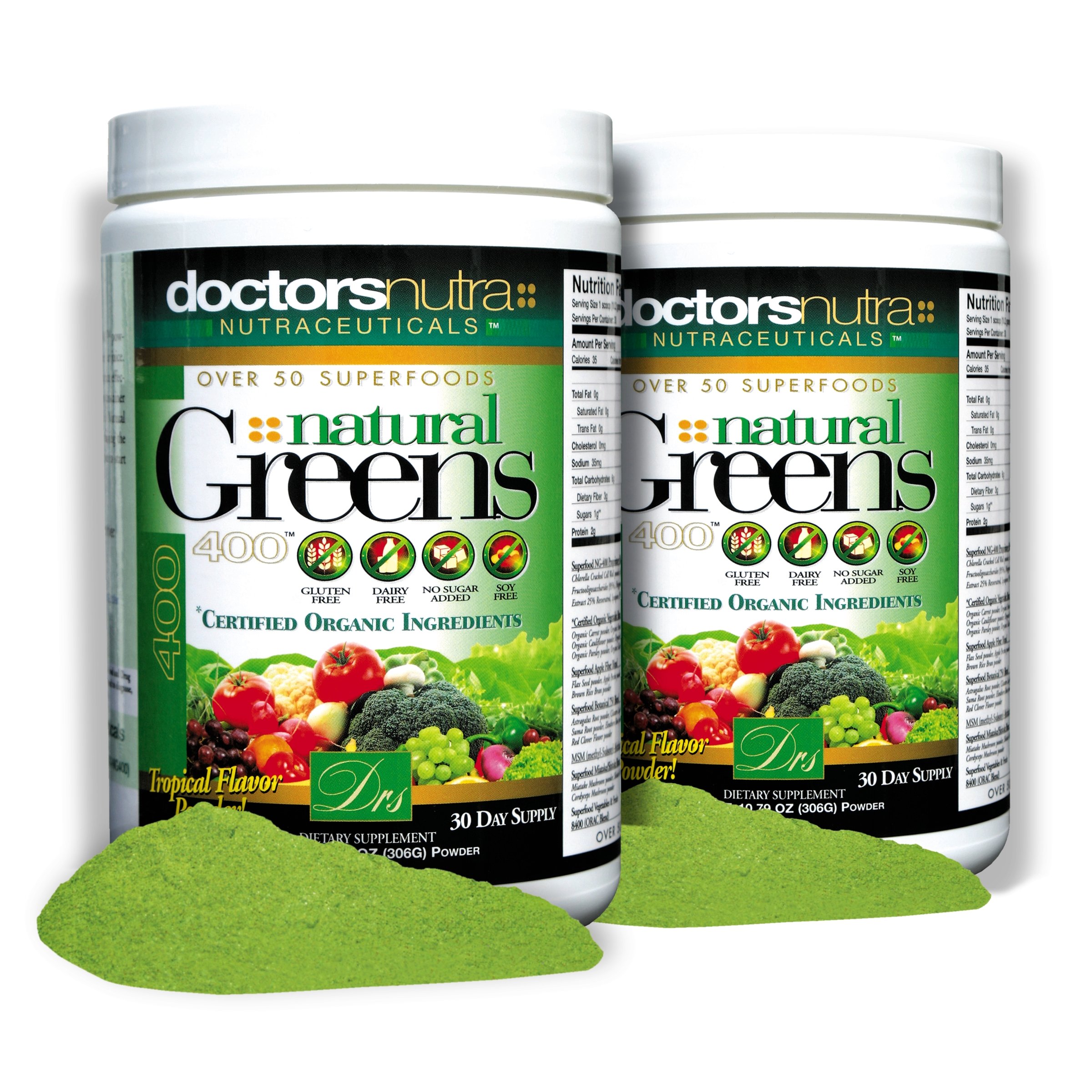 (Pack of 2) Natural Greens Juice Drink Super Food, 10.79 Ounces (306 Grams) with Certified Organic Ingredients - 50 Vegetarian Superfoods - no Gluten, Tropical Flavor
