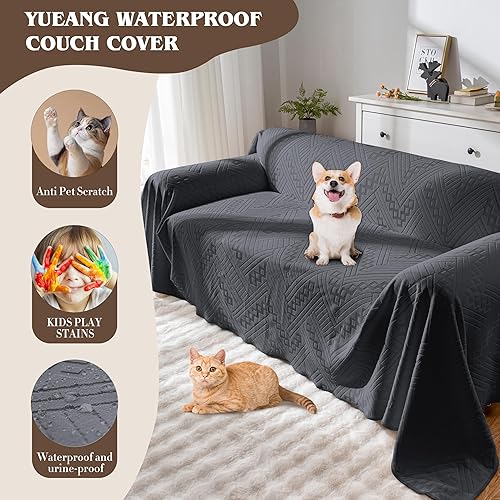 Miniatura 4 de Funda impermeable para sofá, reversible, apta para mascotas, lavable y antideslizante, con 3 cojines, para perros y gatos (71 x 118 pulgadas, gris
